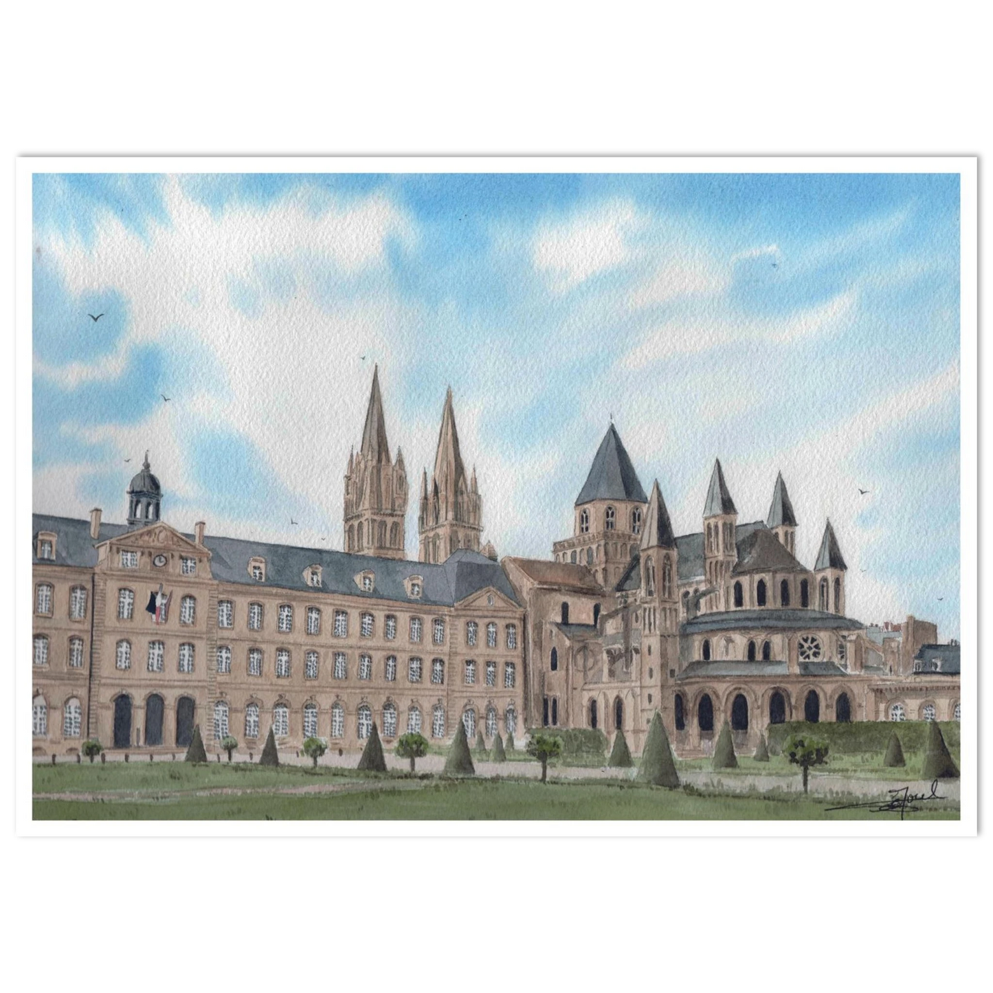 Reproduction d'une aquarelle de l'Abbaye-aux-Hommes à Caen