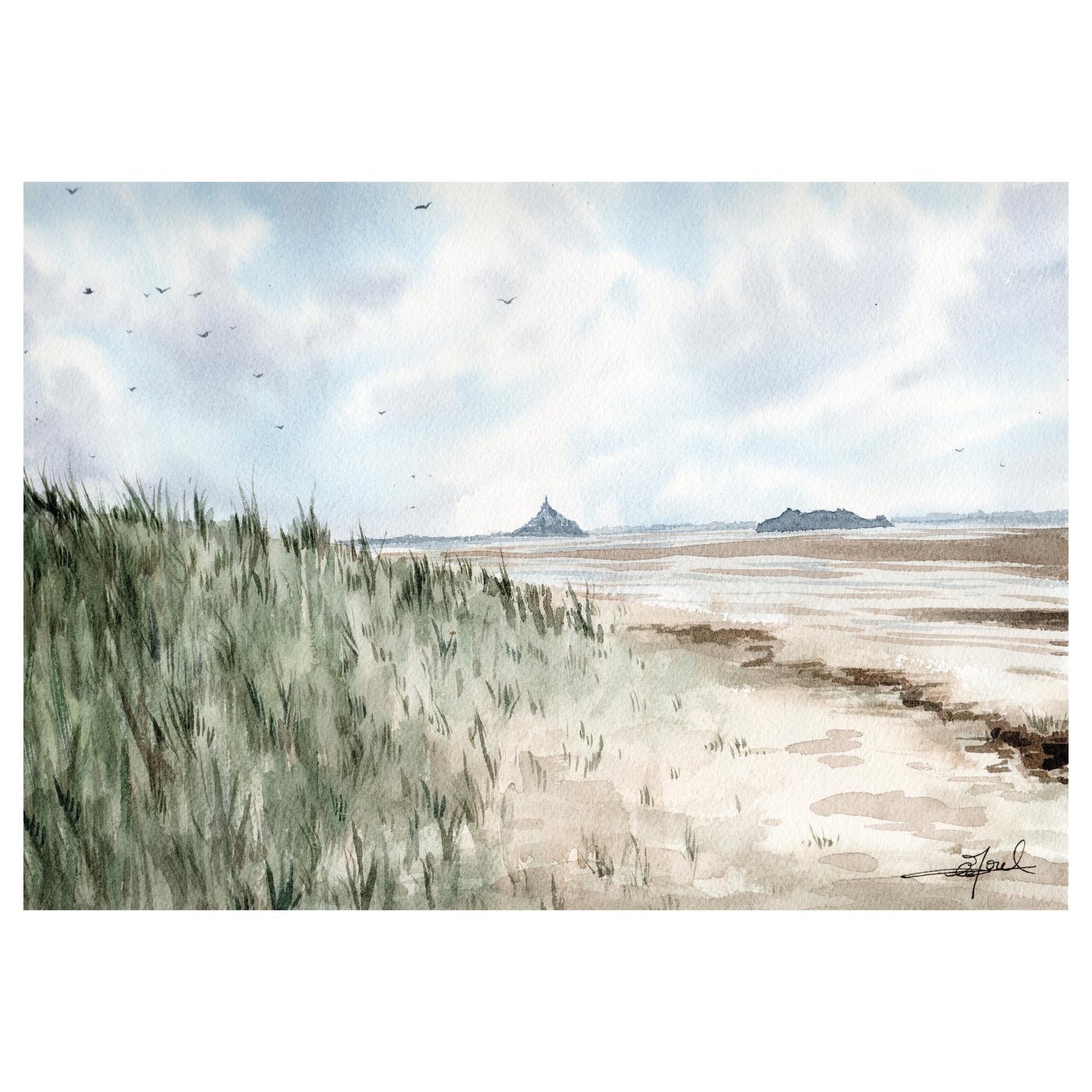 Reproduction d'une aquarelle du Bec d'Andaine, avec vue sur le Mont-Saint-Michel, réalisée par l'artiste normande Emma de Morel.