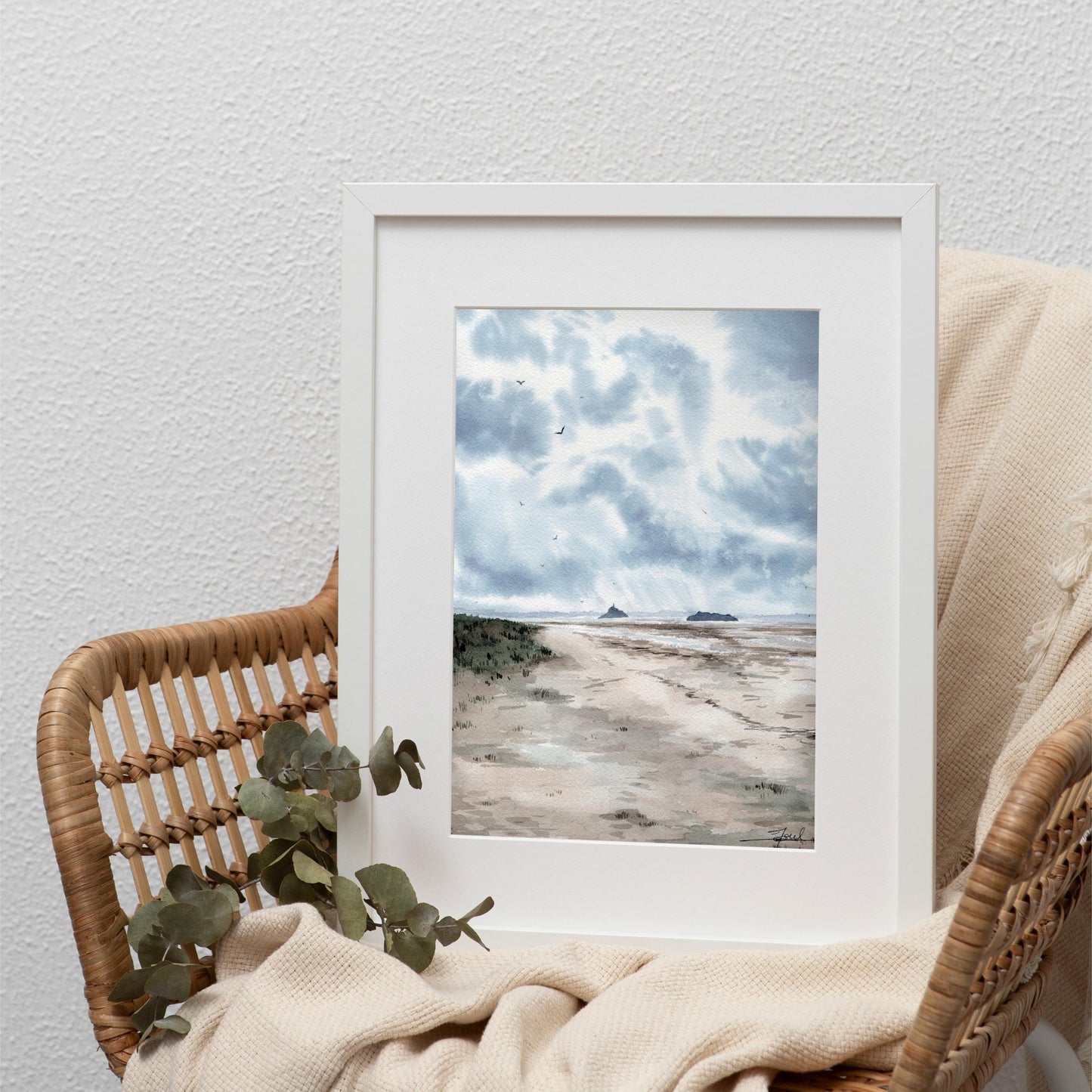 Reproduction encadrée d'une aquarelle du Bec d'Andaine, avec une vue sur le Mont-Saint-Michel, réalisée par l'artiste normande Emma de Morel.