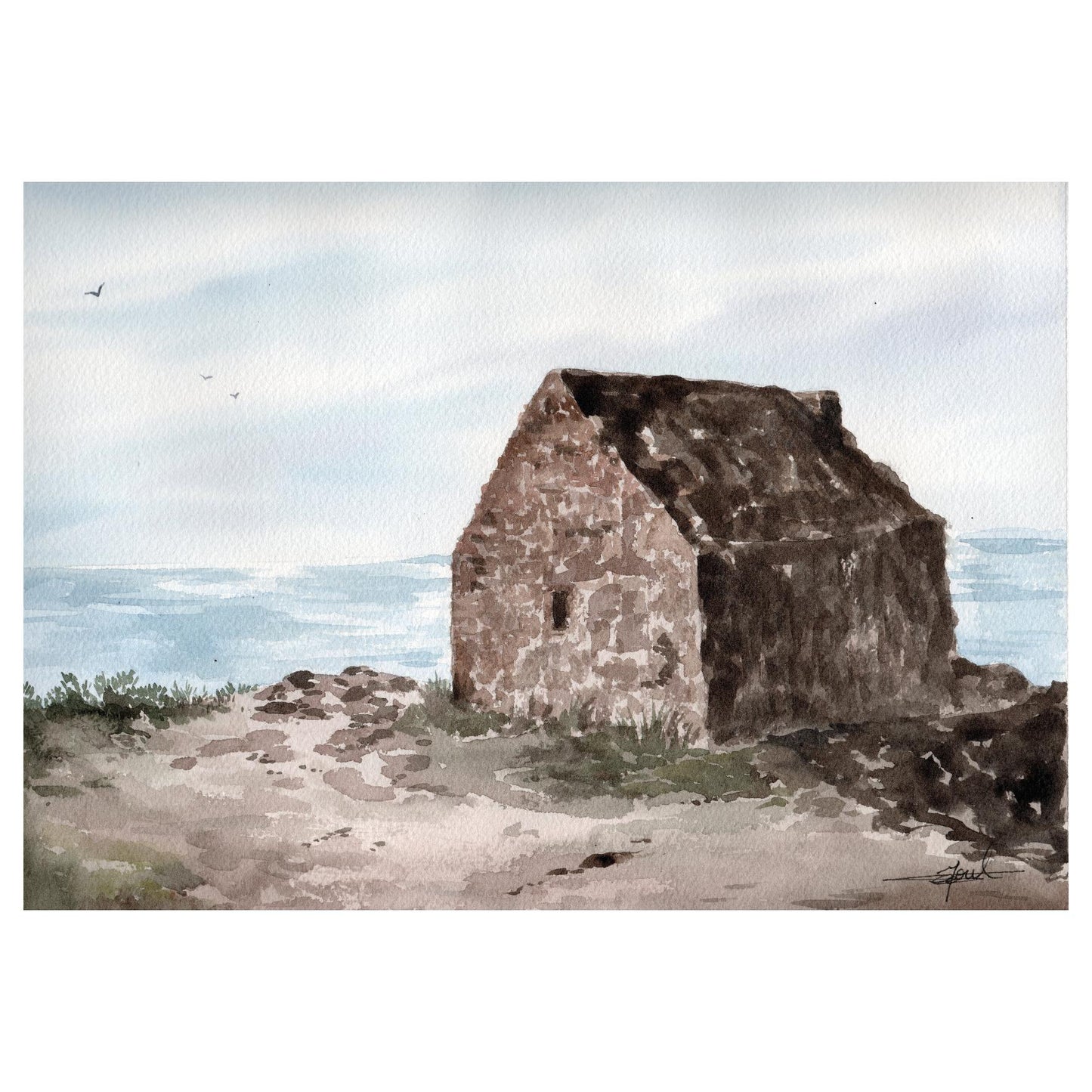 Reproduction A4 d'une aquarelle de la cabane Vauban à Carolles, réalisée par l'artiste normande Emma de Morel.