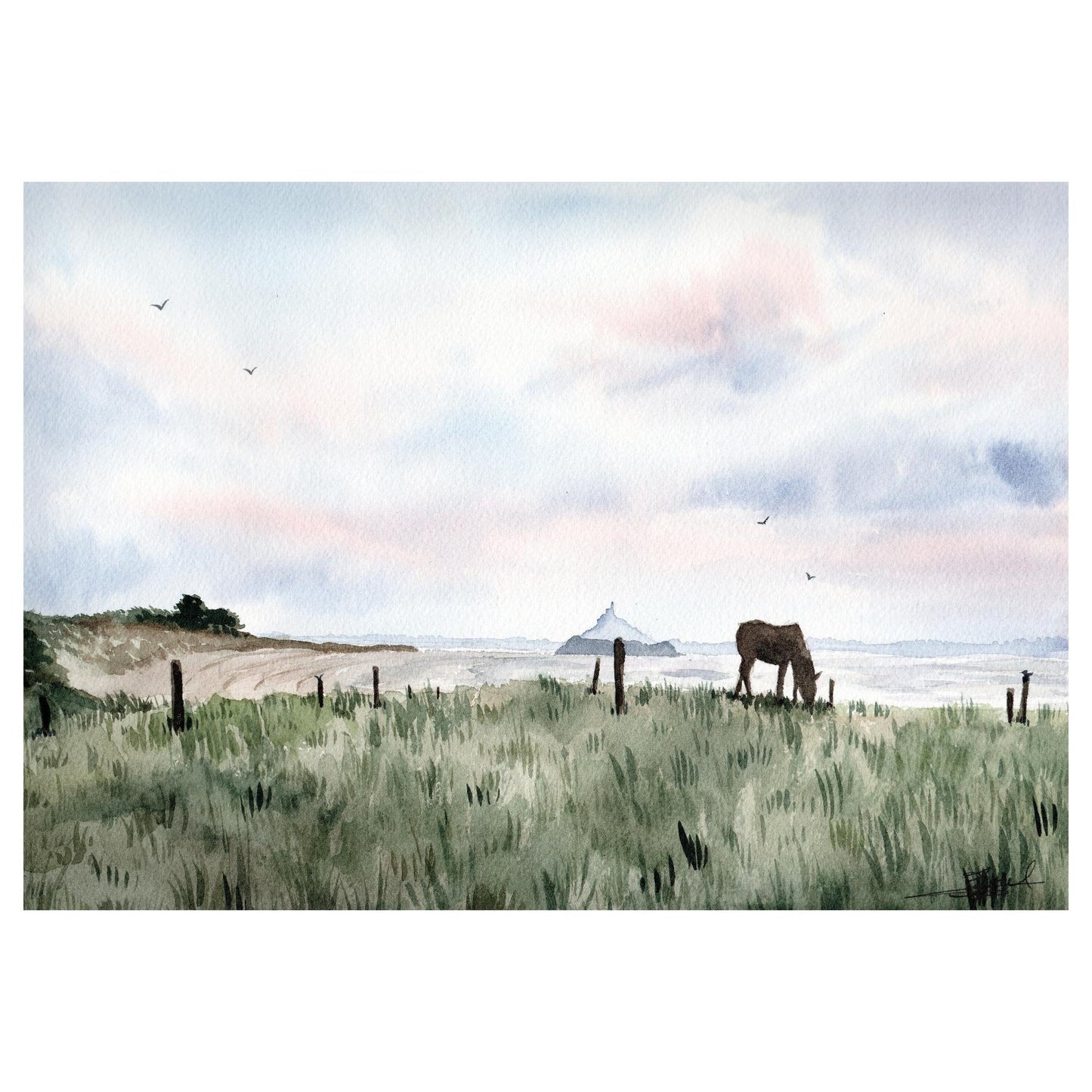 Reproduction d'une aquarelle d'un paysage de Saint-Jean-le6thomas avec une vue sur le Mont-Saint-Michel et le rocher de Tombelaine, réalisée par l'artiste normande Emma de Morel.