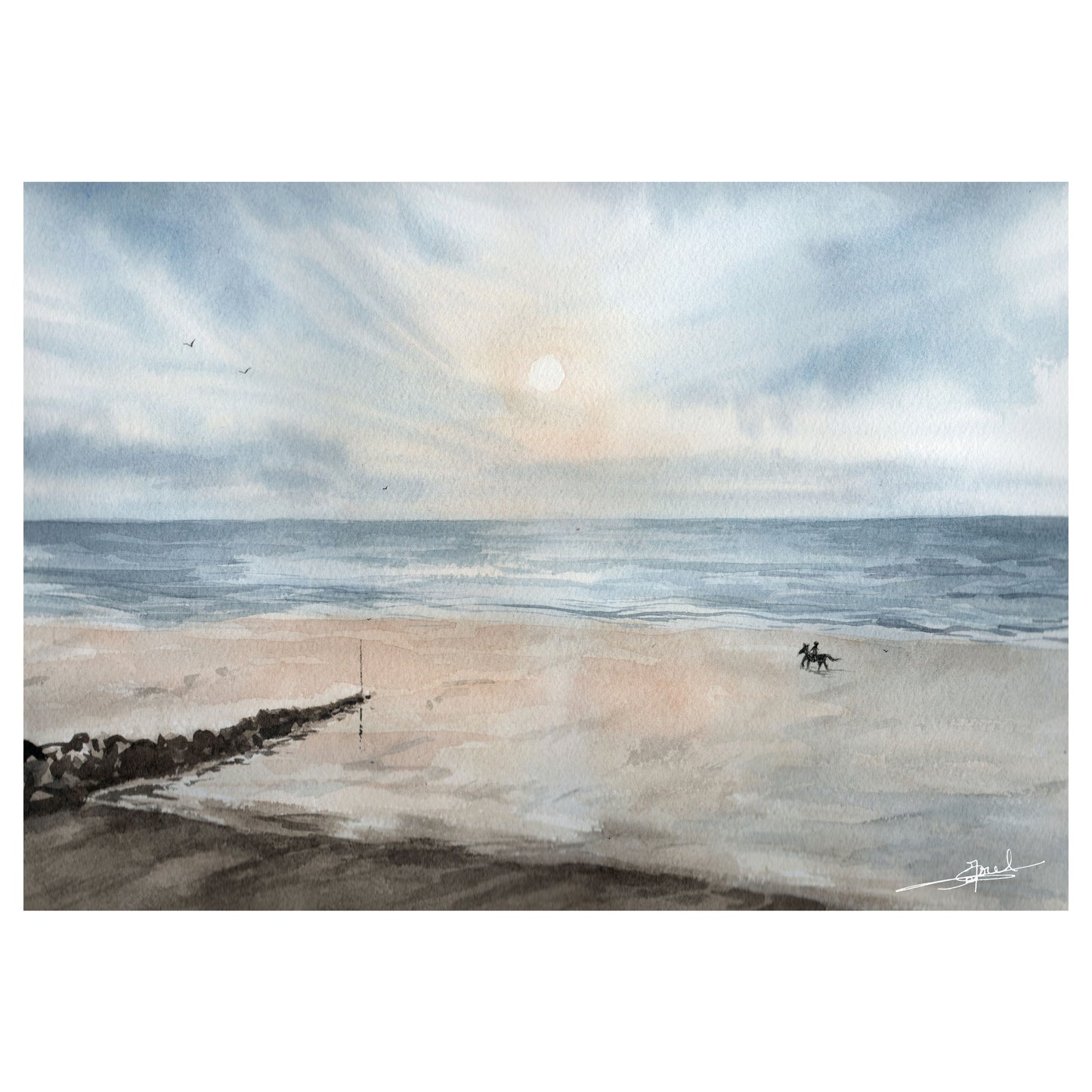 Aquarelle originale A4 format paysage d'un cheval sur la plage d'Agon-Coutainville par Emma de Morel