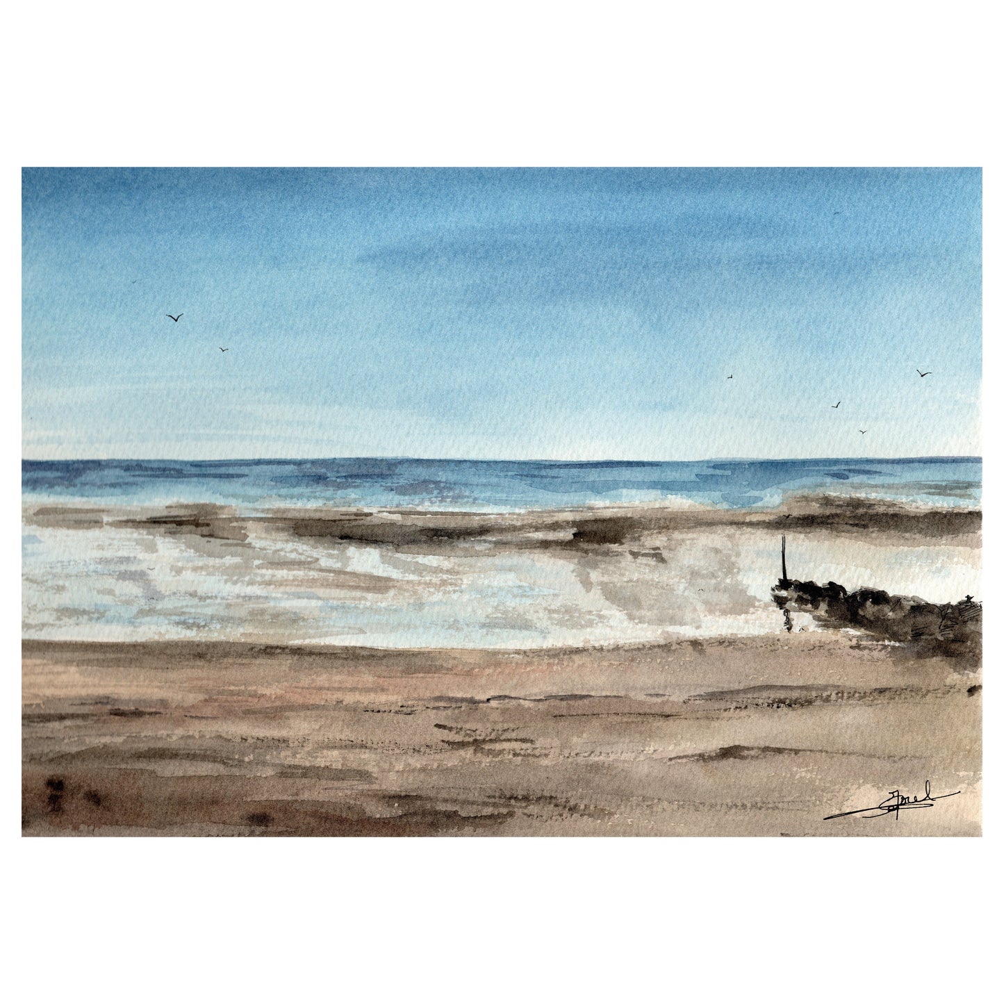 Aquarelle originale A4 format paysage de la plage d'Agon-Coutainville par Emma de Morel