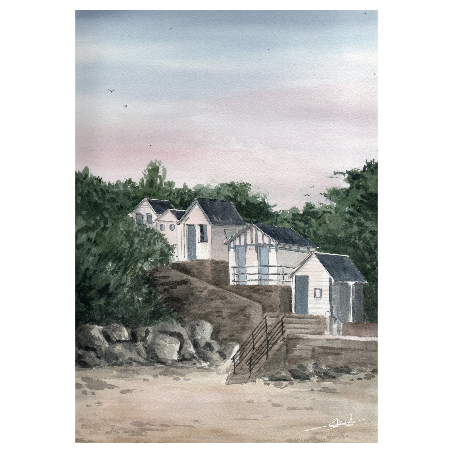 Reproduction A4 d'une aquarelle réaliste au format portrait des cabines de la plage de Carteret par Emma de Morel