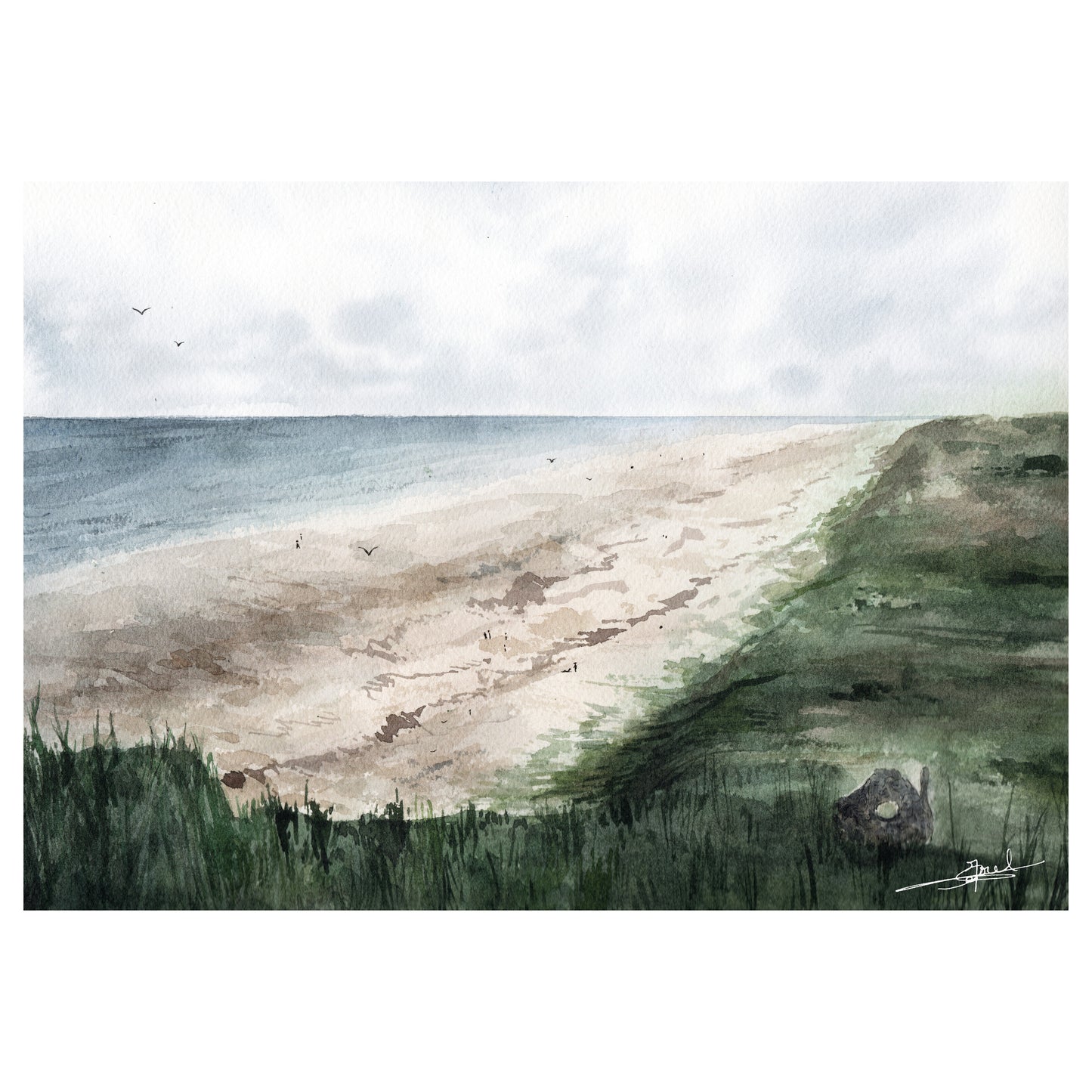Reproduction A4 d'une aquarelle réaliste au format paysage des dunes d'Hatainville par Emma de Morel