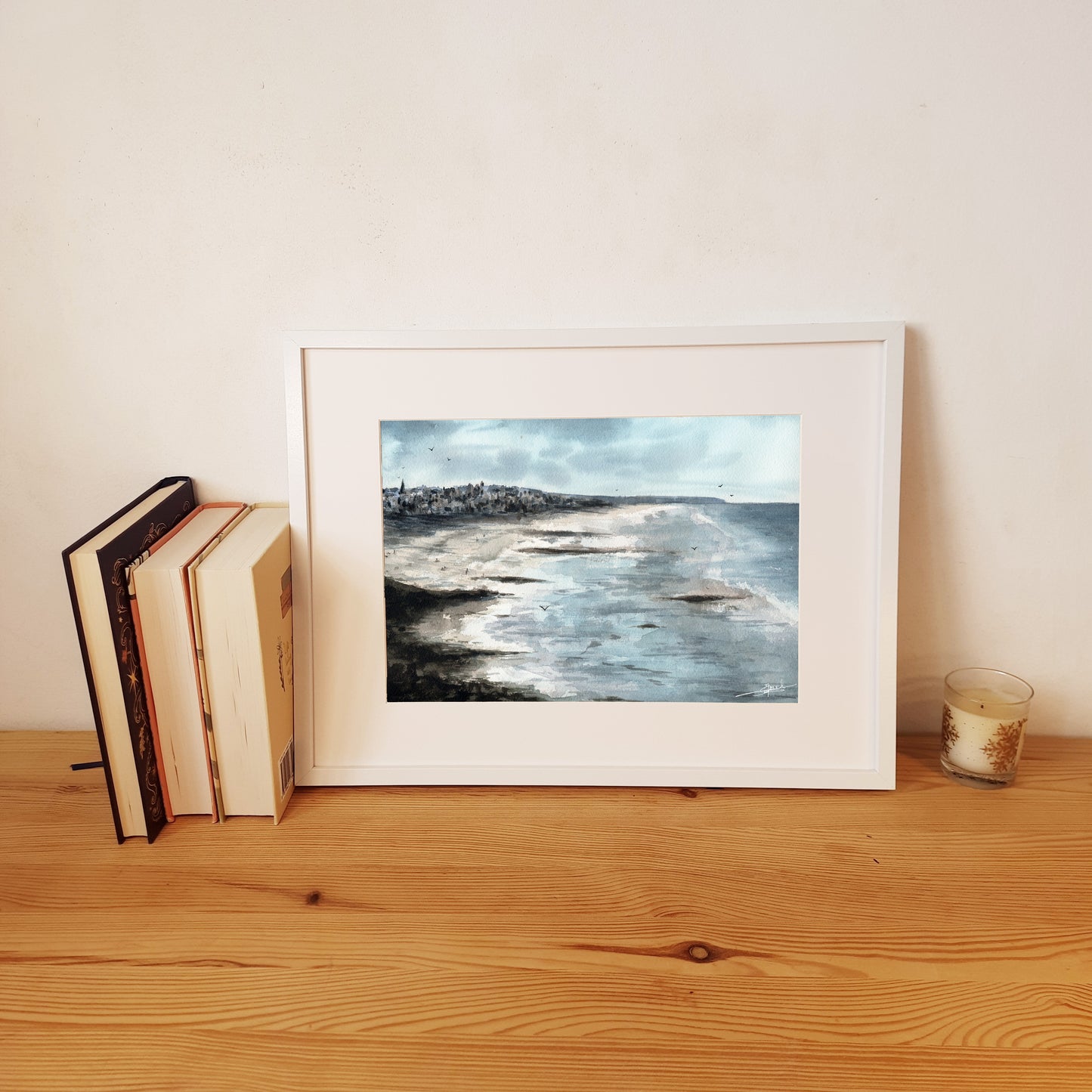 Reproduction A4 encadrée d'une aquarelle réaliste au format paysage de Saint-Pair-sur-Mer par Emma de Morel