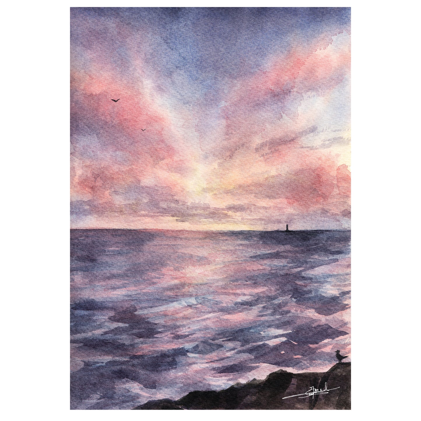 Reproduction A4 d'une aquarelle réaliste format portrait d'un coucher de soleil à Agon-Coutainville.