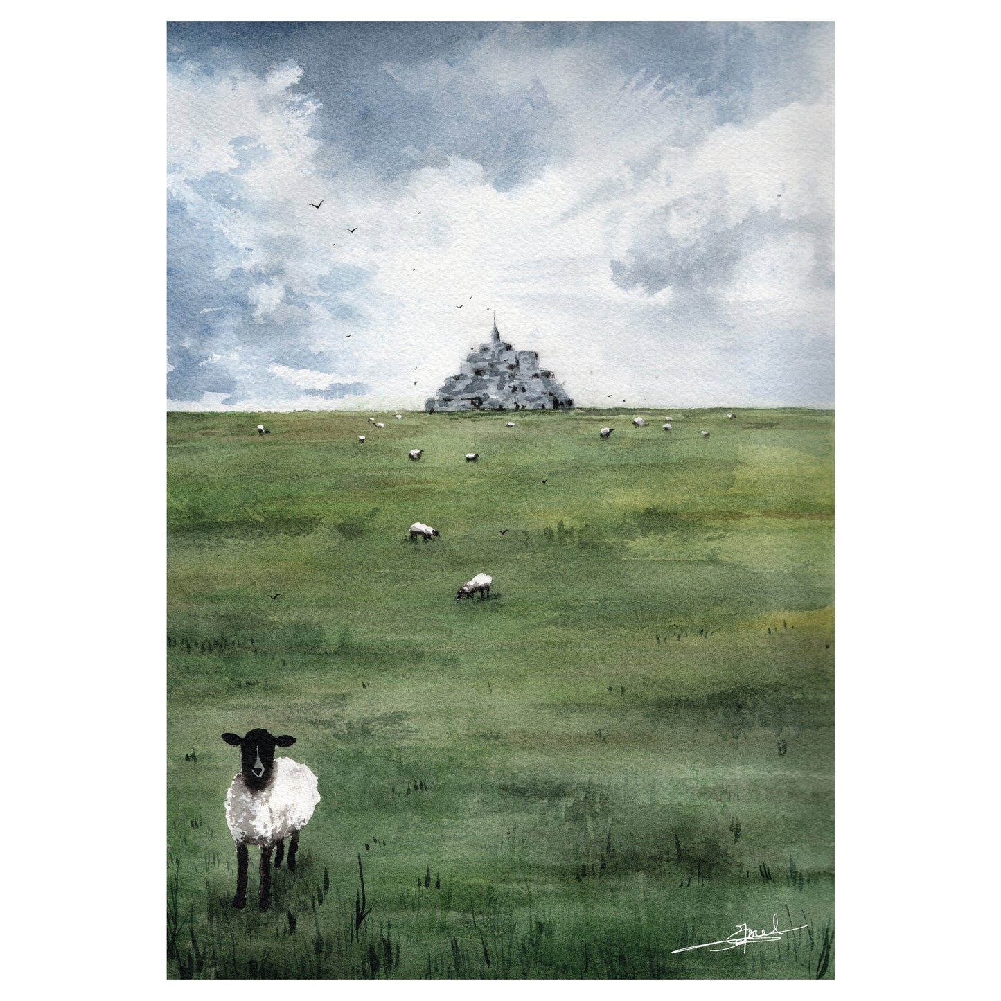Reproduction A4 d'une aquarelle réaliste au format portrait du Mont-Saint-Michel par Emma de Morel