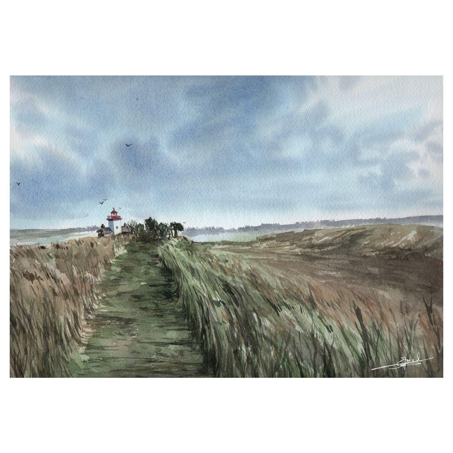 Reproduction A4 d'une aquarelle réaliste format paysage du phare de la Pointe d'Agon.