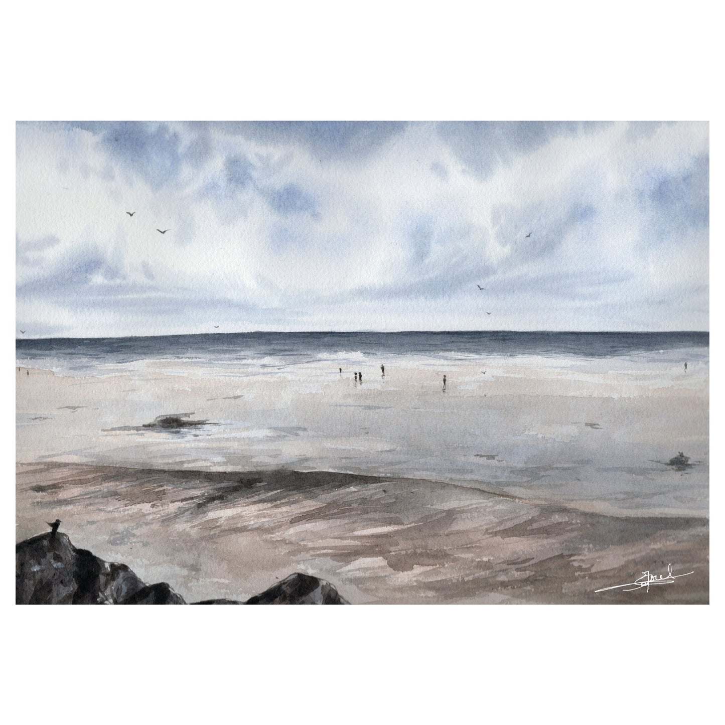 Reproduction A4 d'une aquarelle réaliste format paysage représentant la plage d'Agon-Coutainville en hiver.