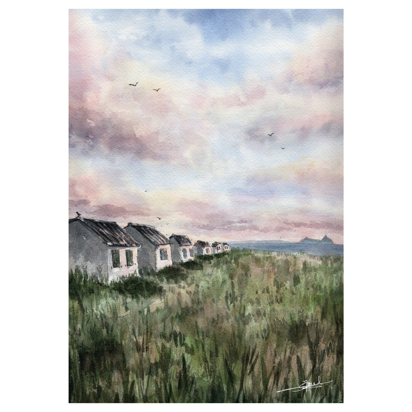 Reproduction A4 d'une aquarelle réaliste au format portrait des cabines de Saint-Jean-le-Thomas par Emma de Morel
