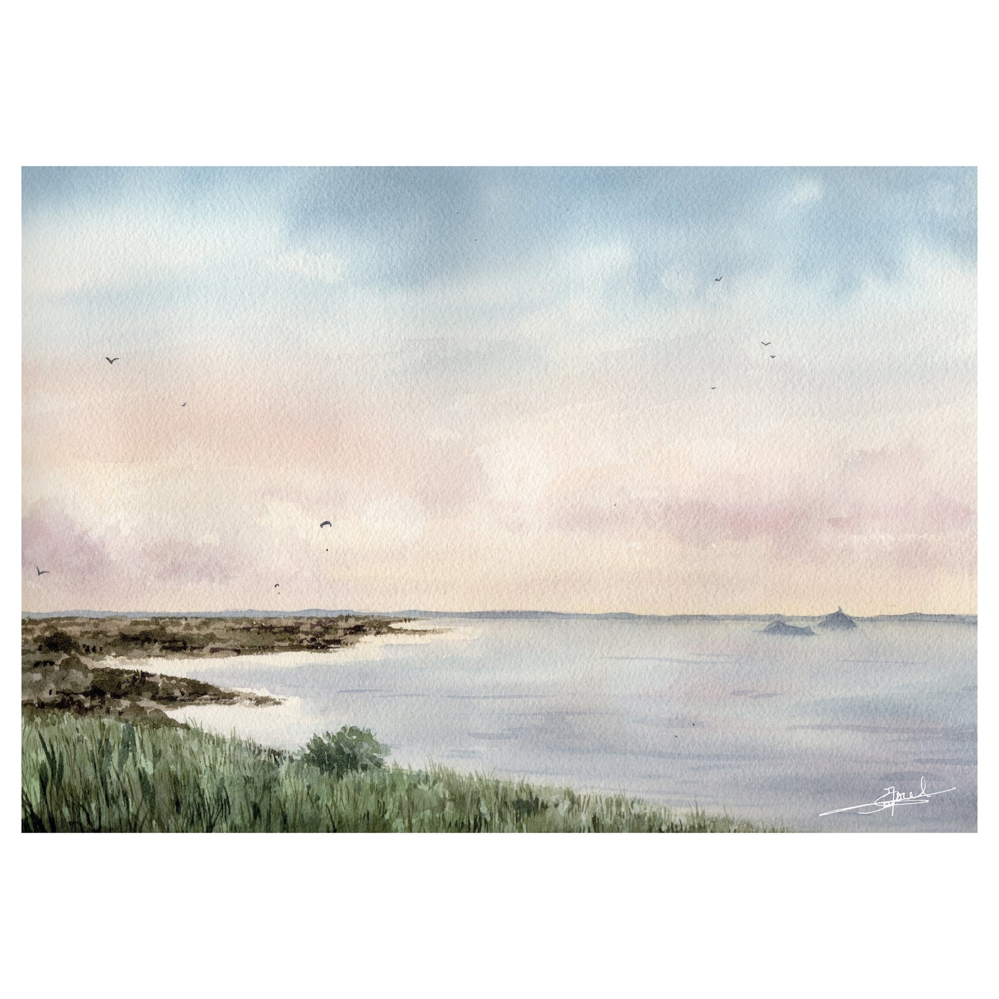 Reproduction A4 d'une aquarelle réaliste au format paysage des hauteurs de Saint-Jean-le-Thomas par Emma de Morel