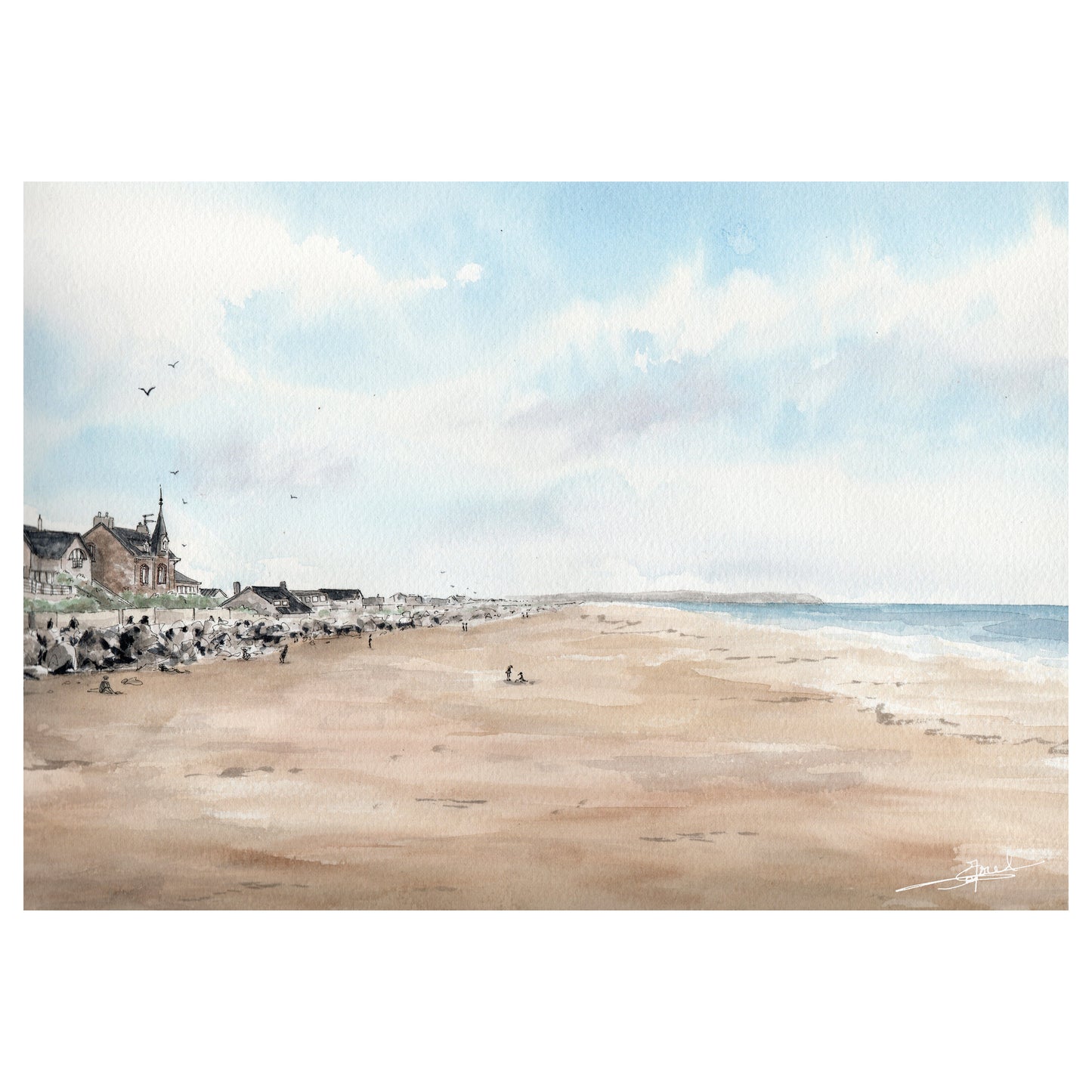 Reproduction A4 d'une aquarelle réaliste format paysage de la plage de Saint Martin de Bréhal réalisée par Emma de Morel.