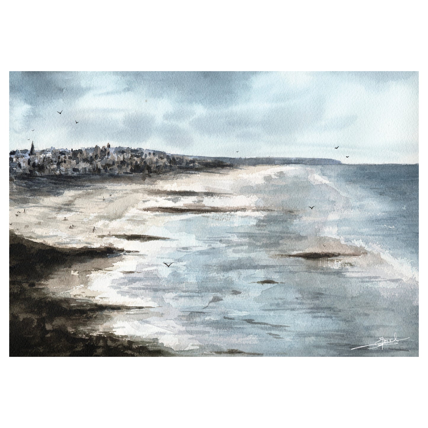 Reproduction A4 d'une aquarelle réaliste au format paysage de Saint-Pair-sur-Mer par Emma de Morel