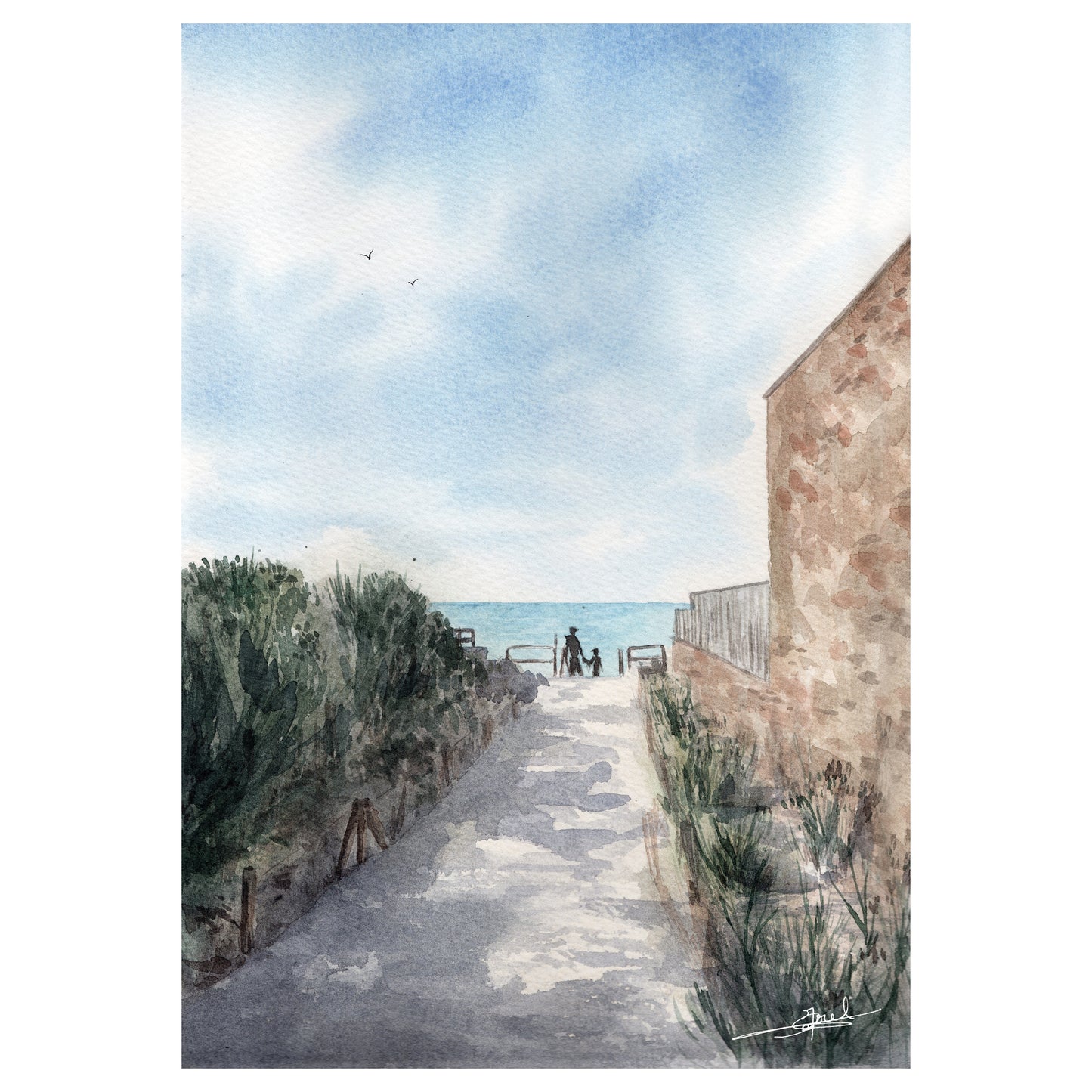 Reproduction A4 format portrait d'une aquarelle réaliste représentant une ruelle de Coutainville descendant vers la digue, un après-midi d'été.