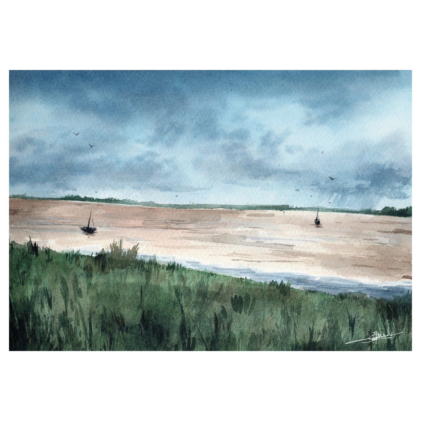 Reproduction A4 d'une aquarelle réaliste au format paysage du havre de Regnéville par Emma de Morel