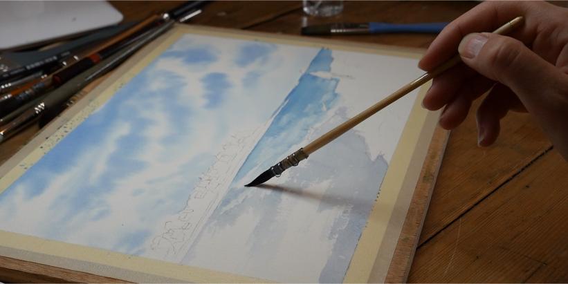 Peinture d'une aquarelle de paysage normand par Emma de Morel.