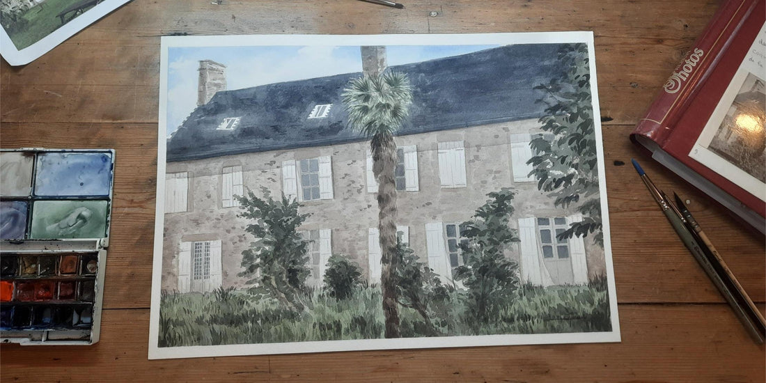 exemple d'aquarelle sur mesure de maison de famille par Emma de Morel
