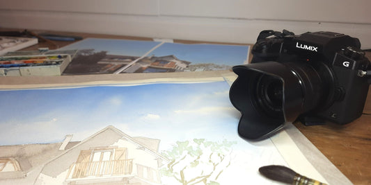 Aquarelle personnalisée de maison de famille et appareil photo pour prendre la meilleures photo pour une aquarelle sur mesure