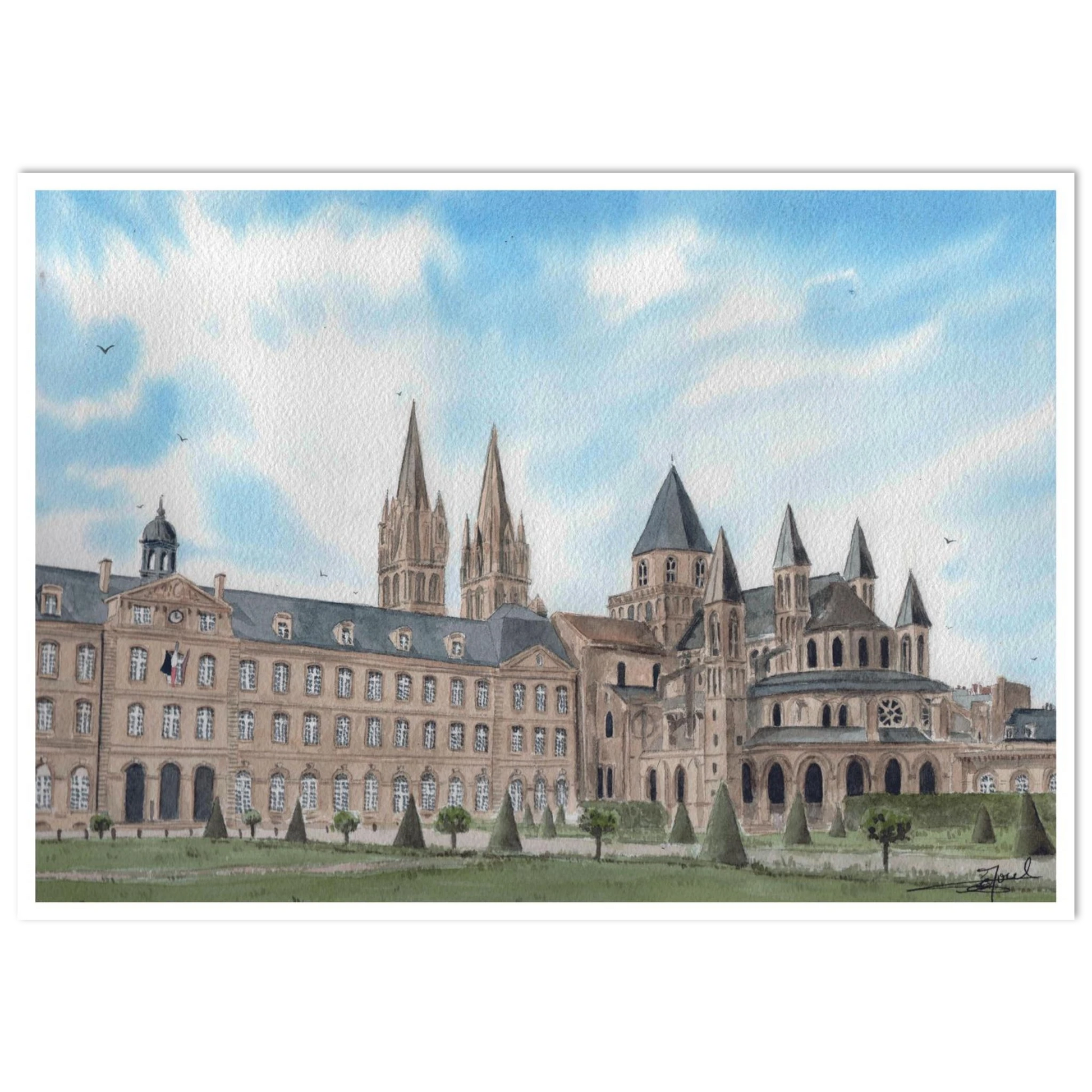 Reproduction d'une aquarelle de l'Abbaye-aux-Hommes à Caen