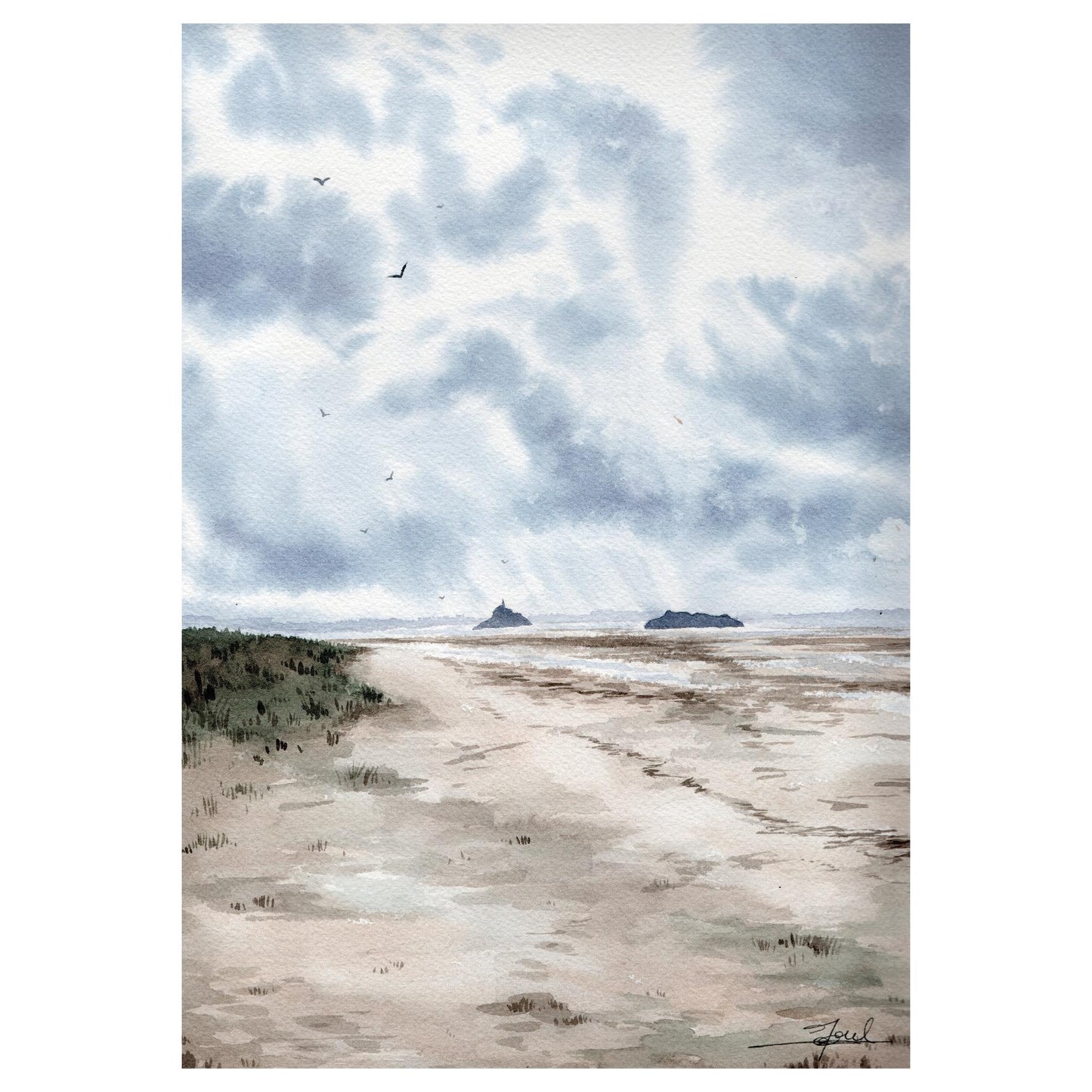 Reproduction d'une aquarelle du Bec d'Andaine, avec une vue sur le Mont-Saint-Michel, réalisée par l'artiste normande Emma de Morel.
