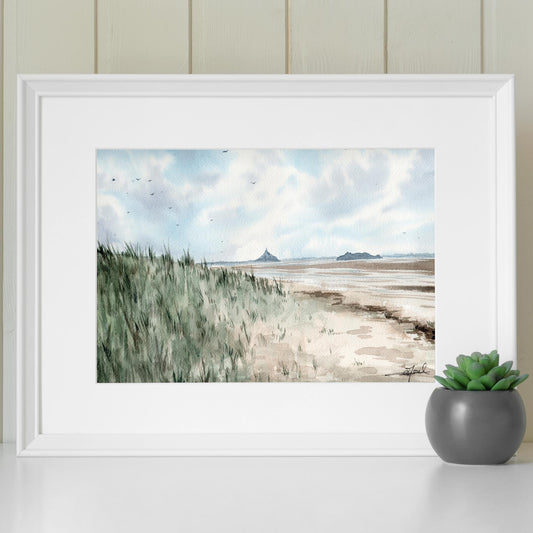 Reproduction encadrée d'une aquarelle du Bec d'Andaine, avec vue sur le Mont-Saint-Michel, réalisée par l'artiste normande Emma de Morel.