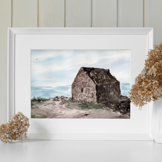 Reproduction A4 encadrée d'une aquarelle de la cabane Vauban à Carolles, réalisée par l'artiste normande Emma de Morel.