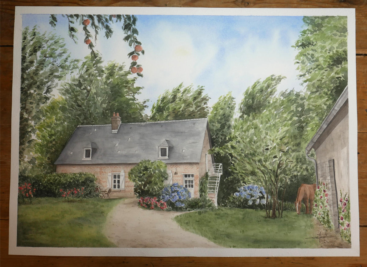 aquarelle sur mesure de maison de famille à la campagne