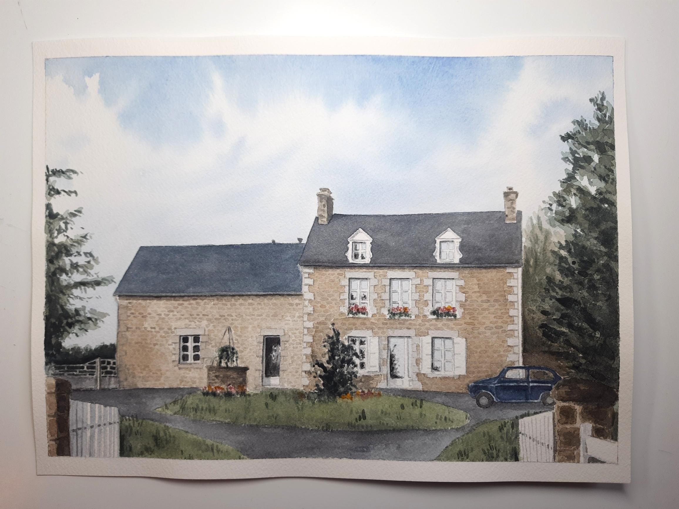 Aquarelle sur mesure peinte par Emma de Morel représentant une maison en pierres.