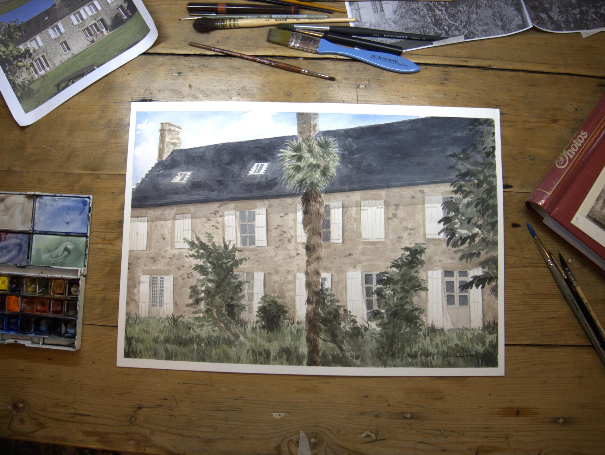 Aquarelle sur mesure peinte par Emma de Morel représentant une maison de famille normande.