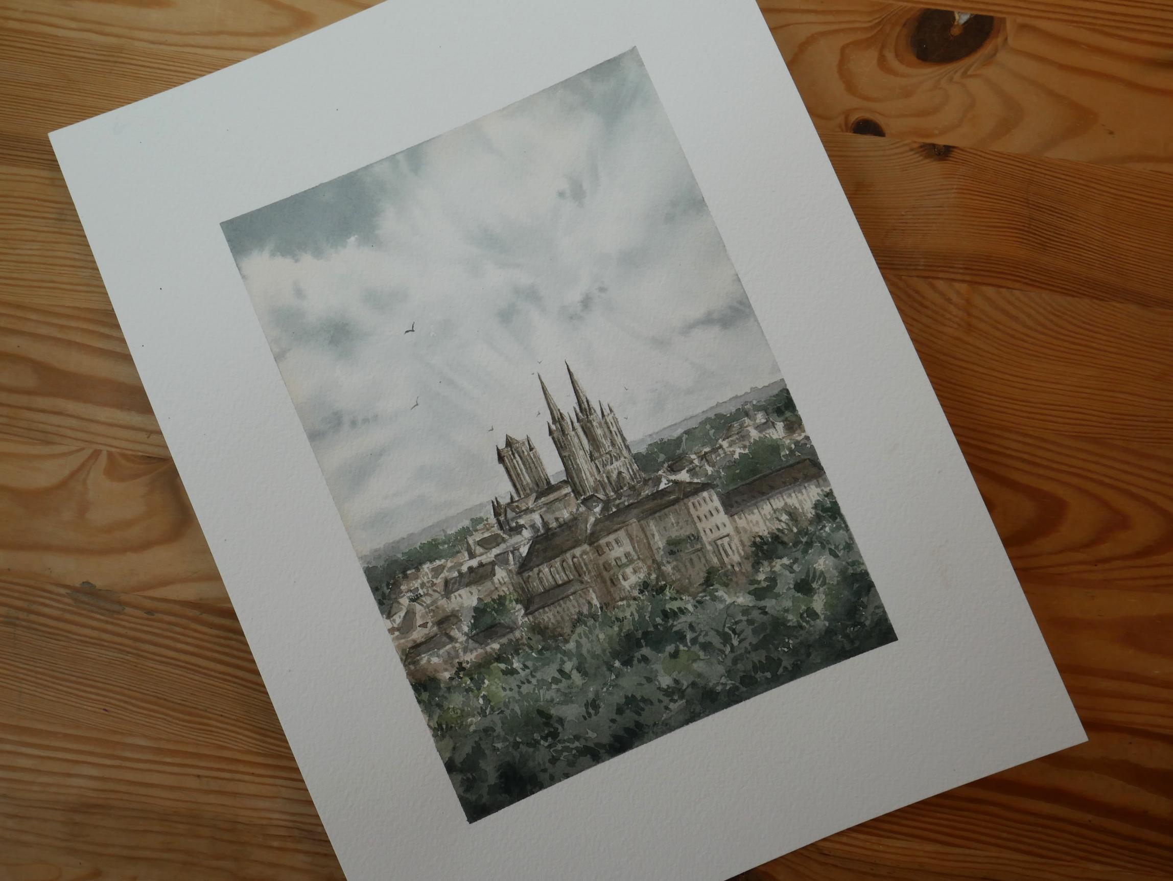 Aquarelle sur mesure peinte par Emma de Morel représentant la cathédrale de Coutances.