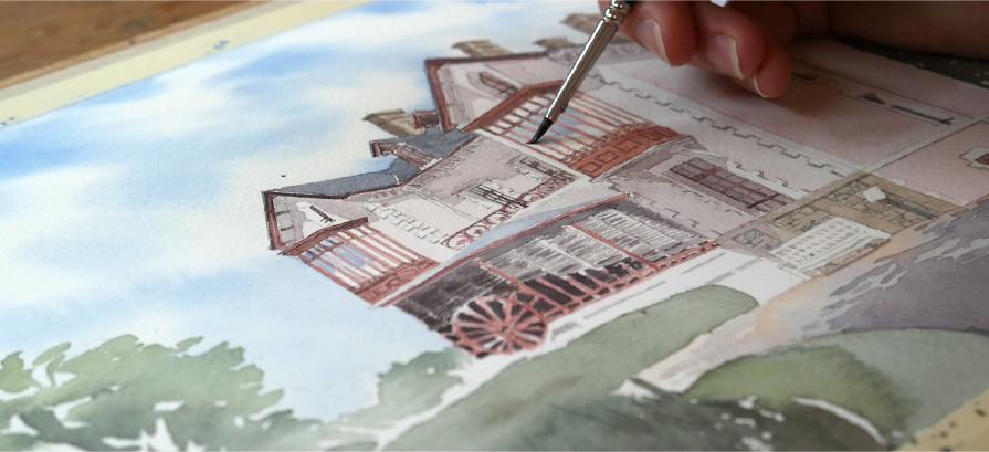 Détail d'une aquarelle de maison par Emma de Morel, artiste peintre spécialisée dans les paysages et maisons de famille.