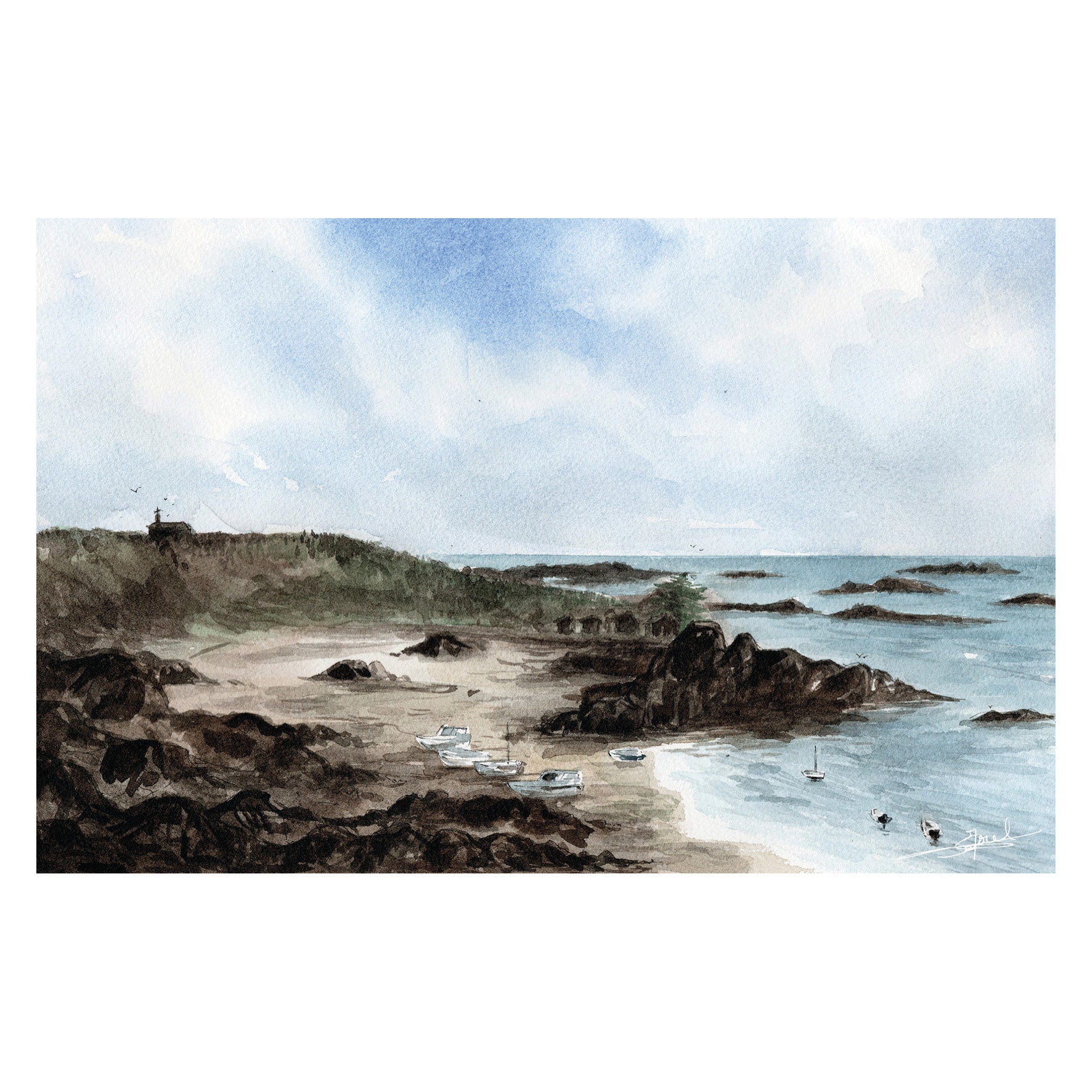 Aquarelle peinte par Emma de Morel représentant la plage des Blainvillais à Chausey.