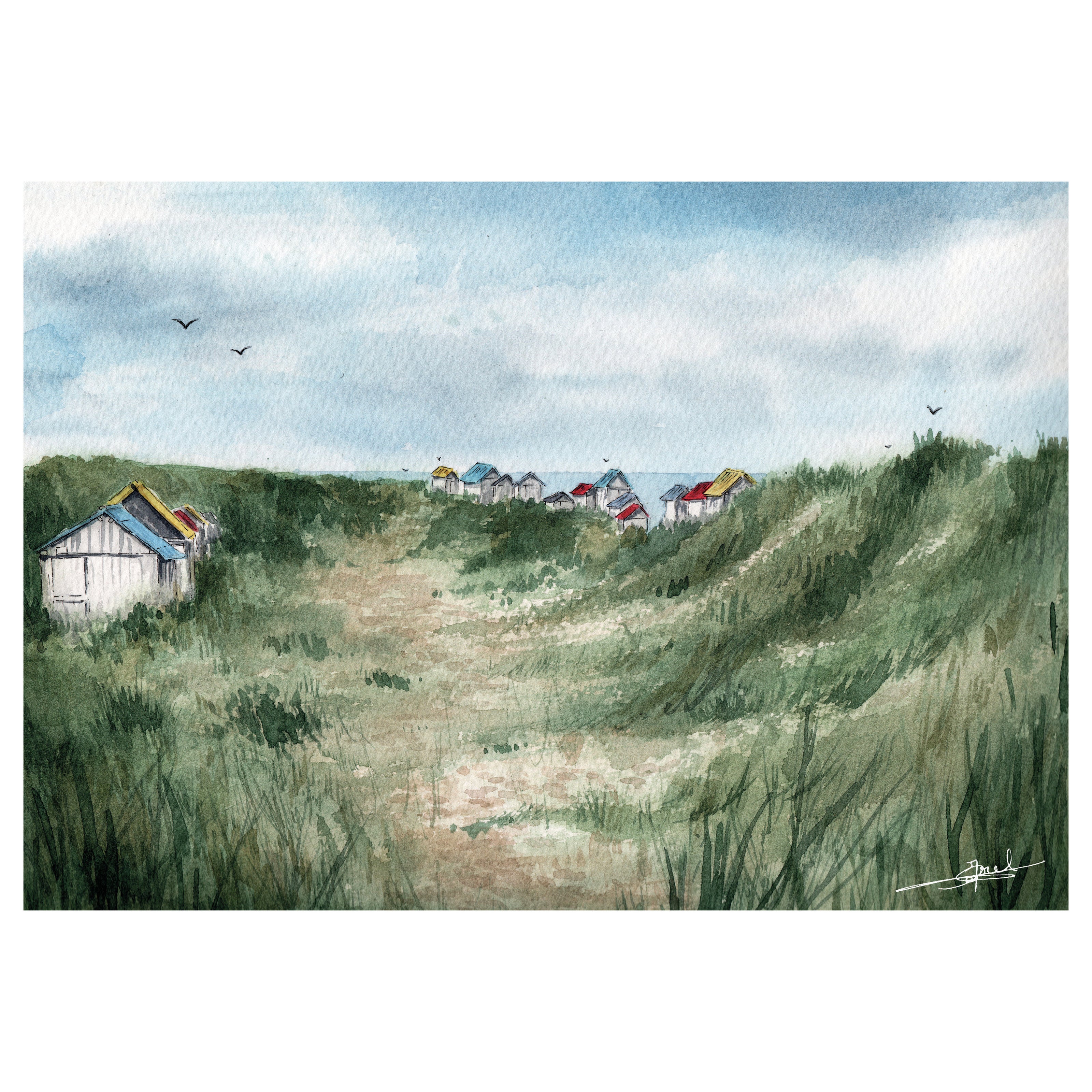 Aquarelle peinte par Emma de Morel représentant les cabines colorées des dunes de Gouville-sur-mer.