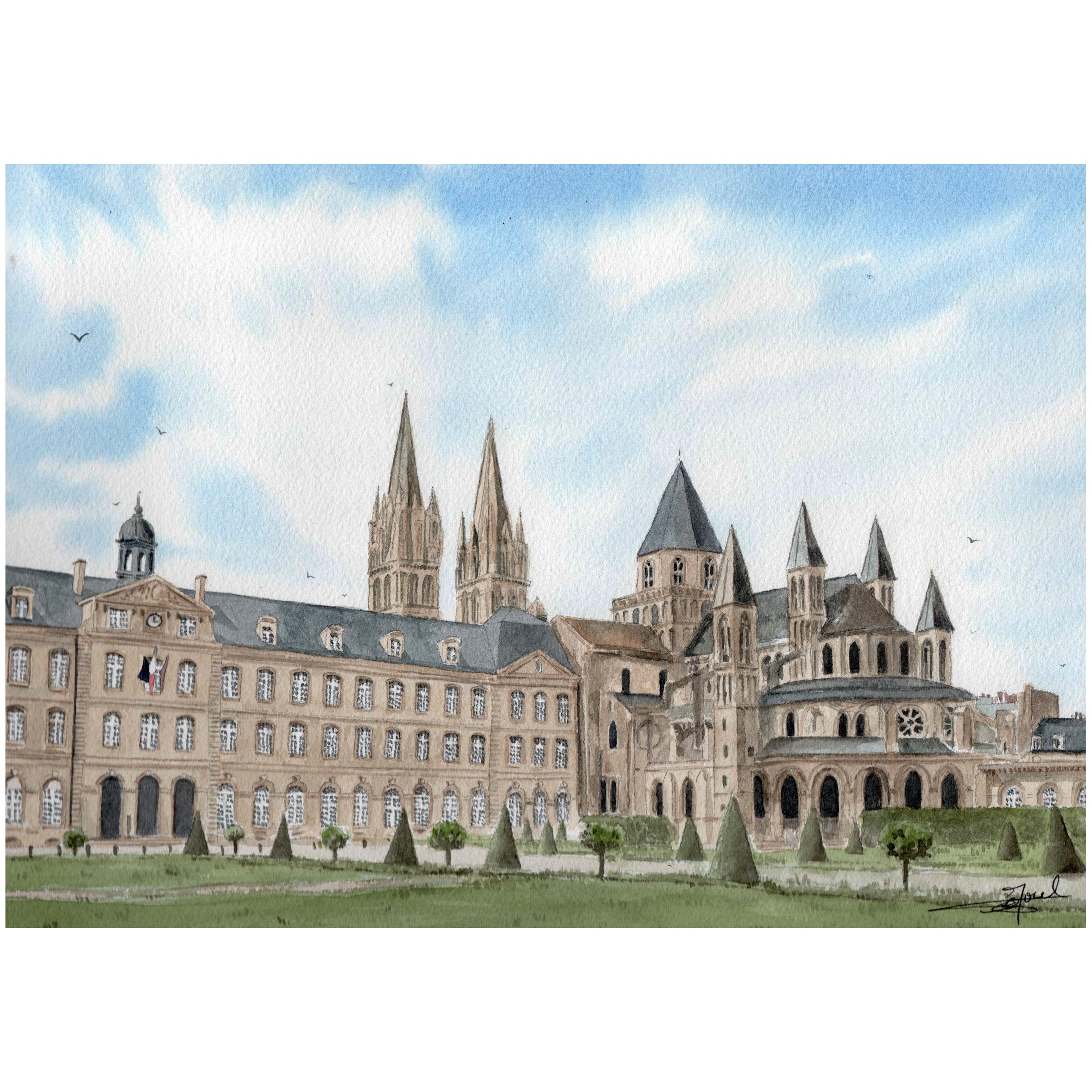 Aquarelle peinte par Emma de Morel représentant l'Abbaye aux Hommes à Caen.