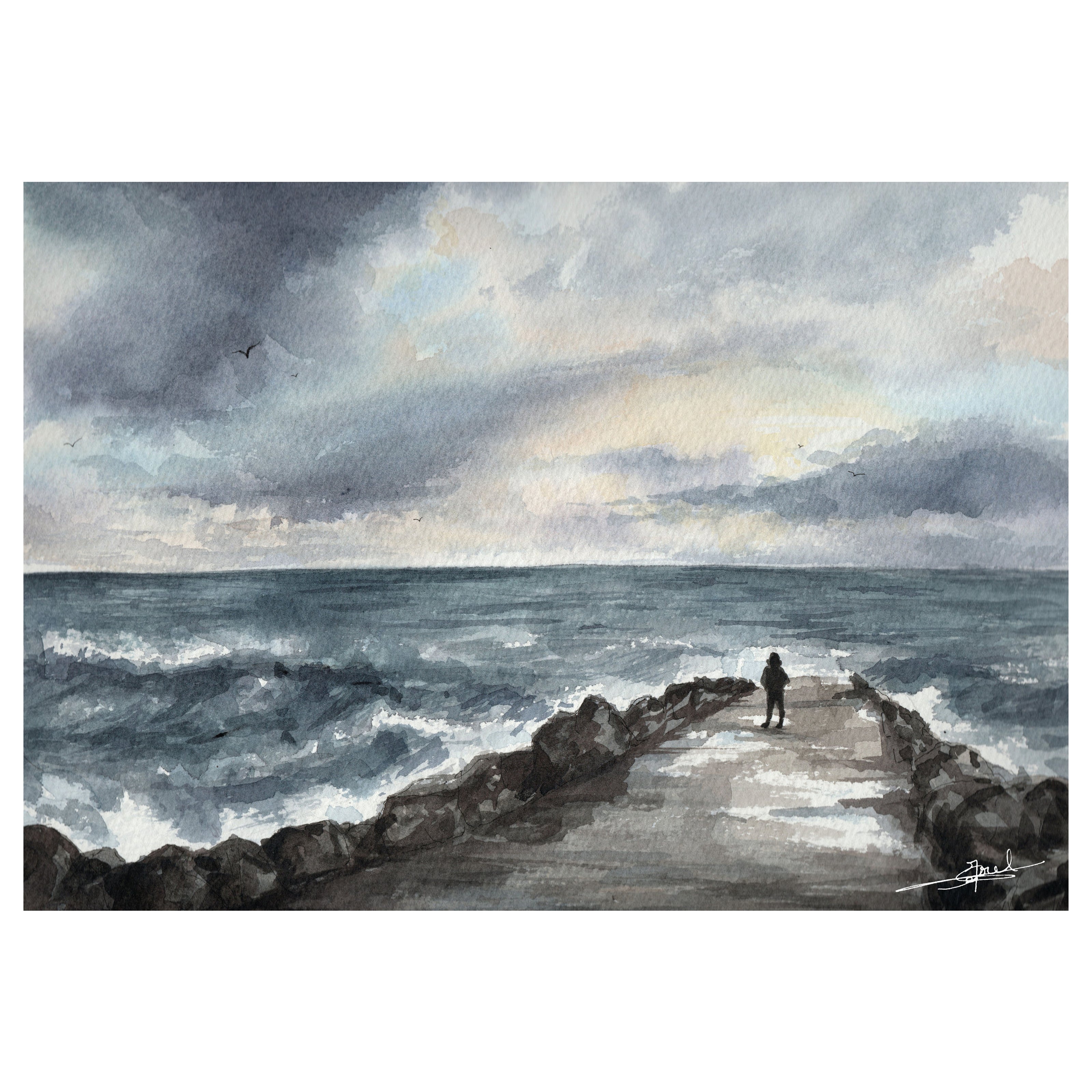 Aquarelle peinte par Emma de Morel représentant une personne à la cale de Coutainville devant une mer agitée.