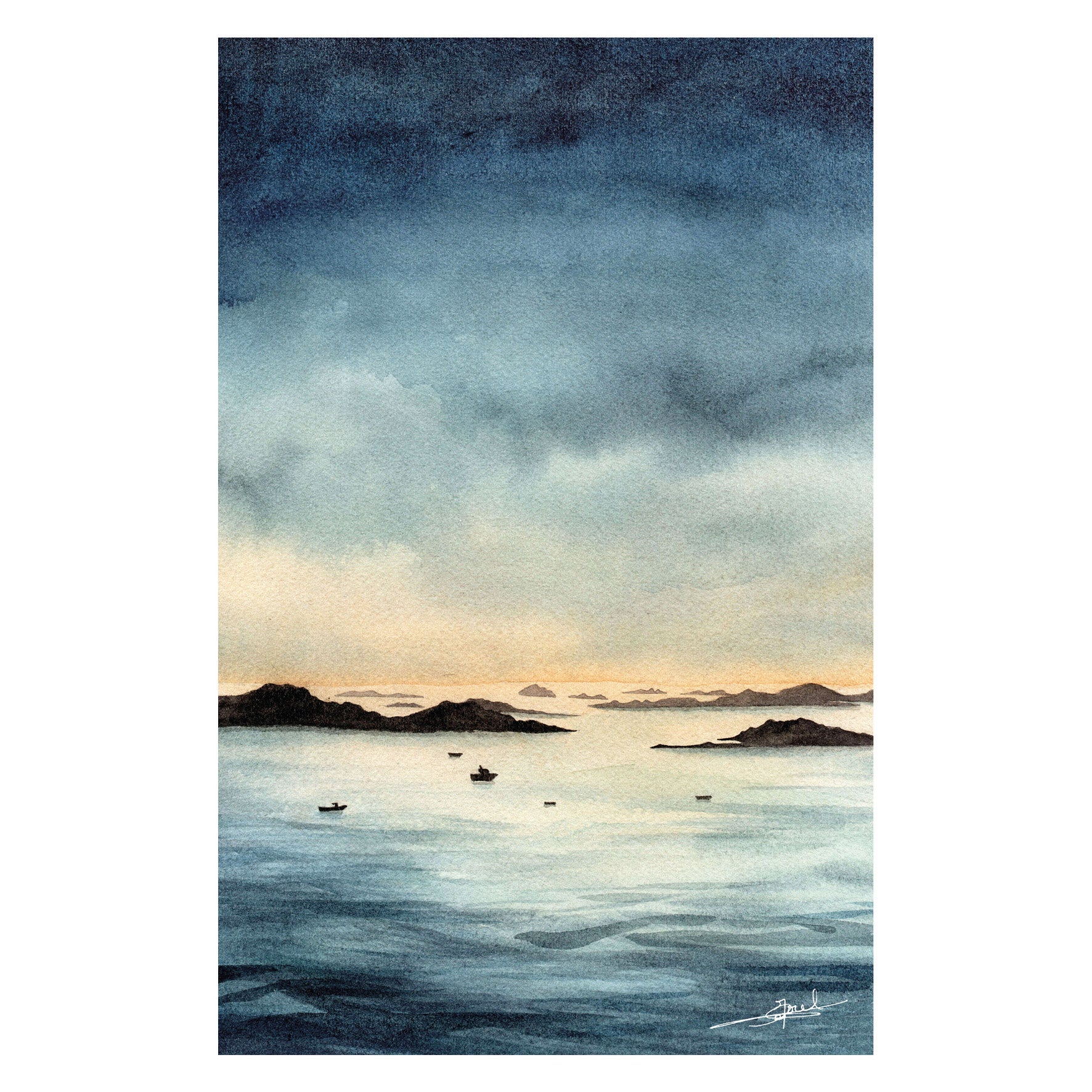 Aquarelle peinte par Emma de Morel représentant le Sound de Chausey au lever du soleil.