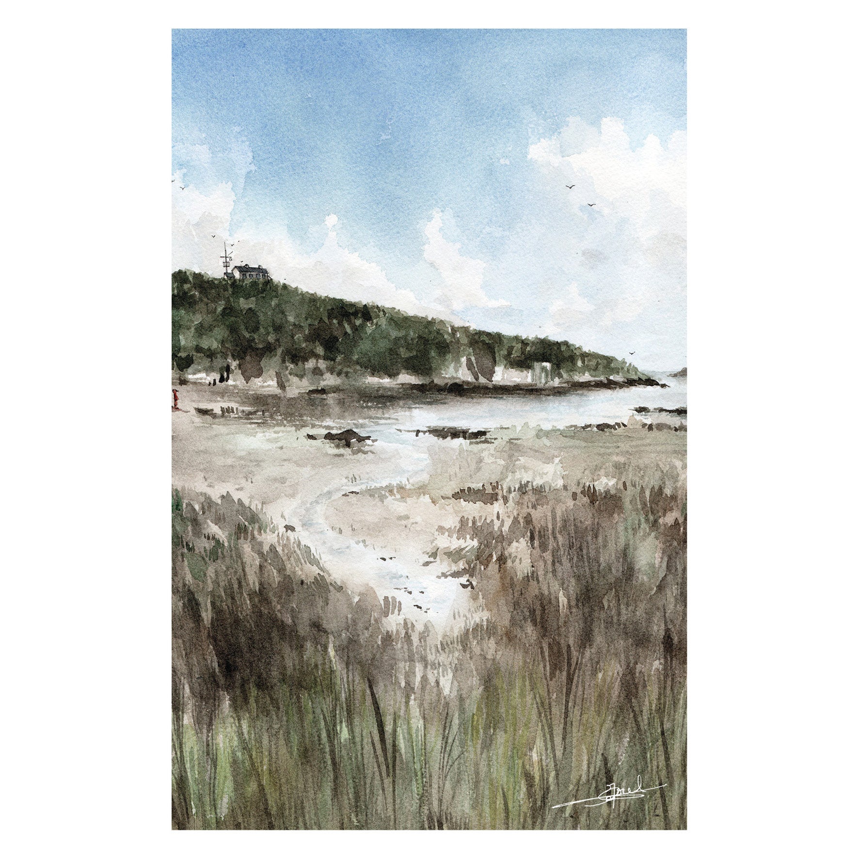 Aquarelle peinte par Emma de Morel représentant le sémaphore de Chausey depuis l'Anse à Gruel.