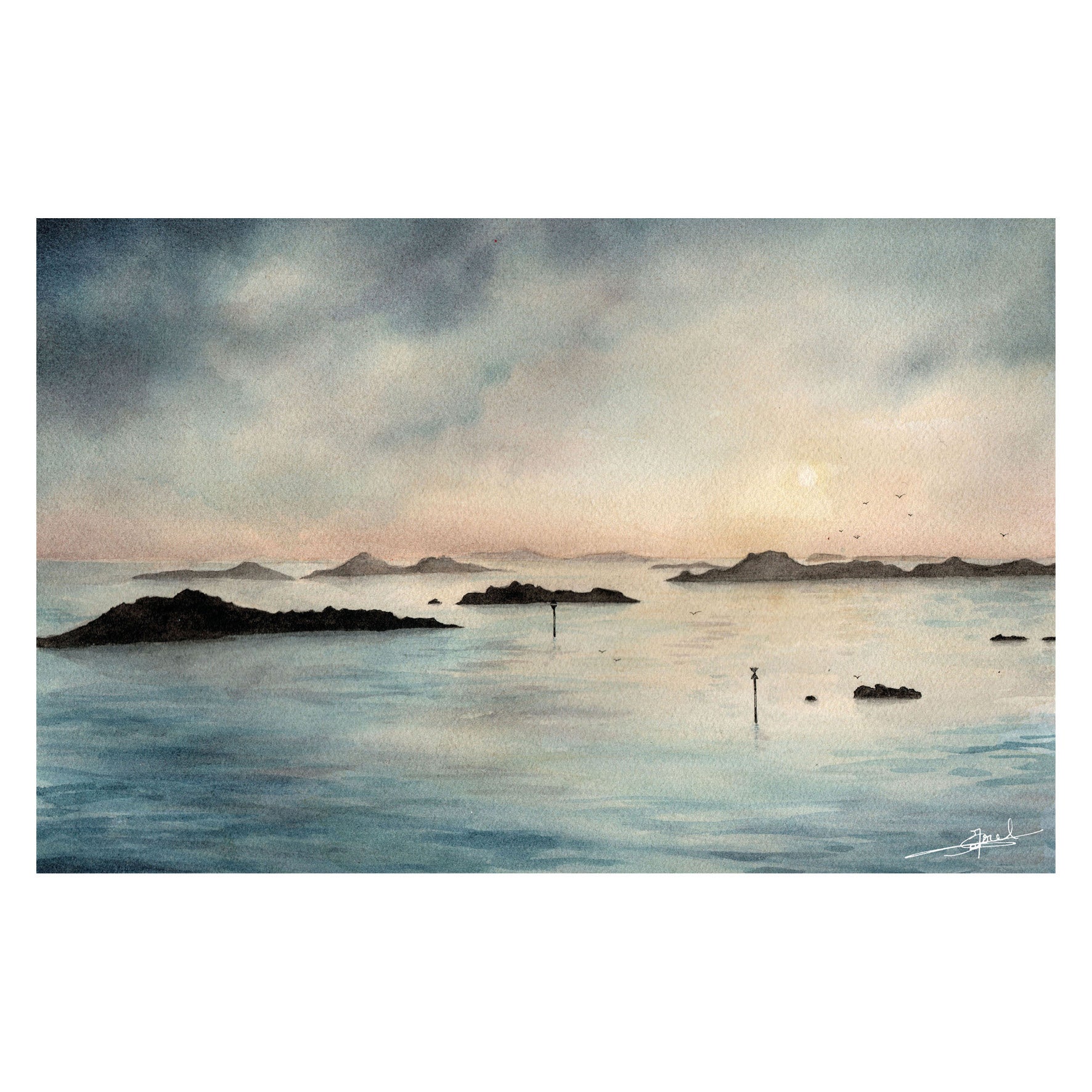 Aquarelle peinte par Emma de Morel représentant le Sound de Chausey à l'aube.