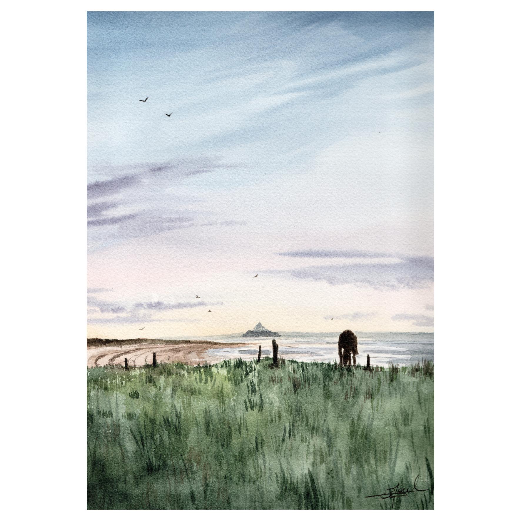 Aquarelle peinte par Emma de Morel représentant un cheval devant le Mont-Saint-Michel depuis Saint-Jean-le-Thomas.