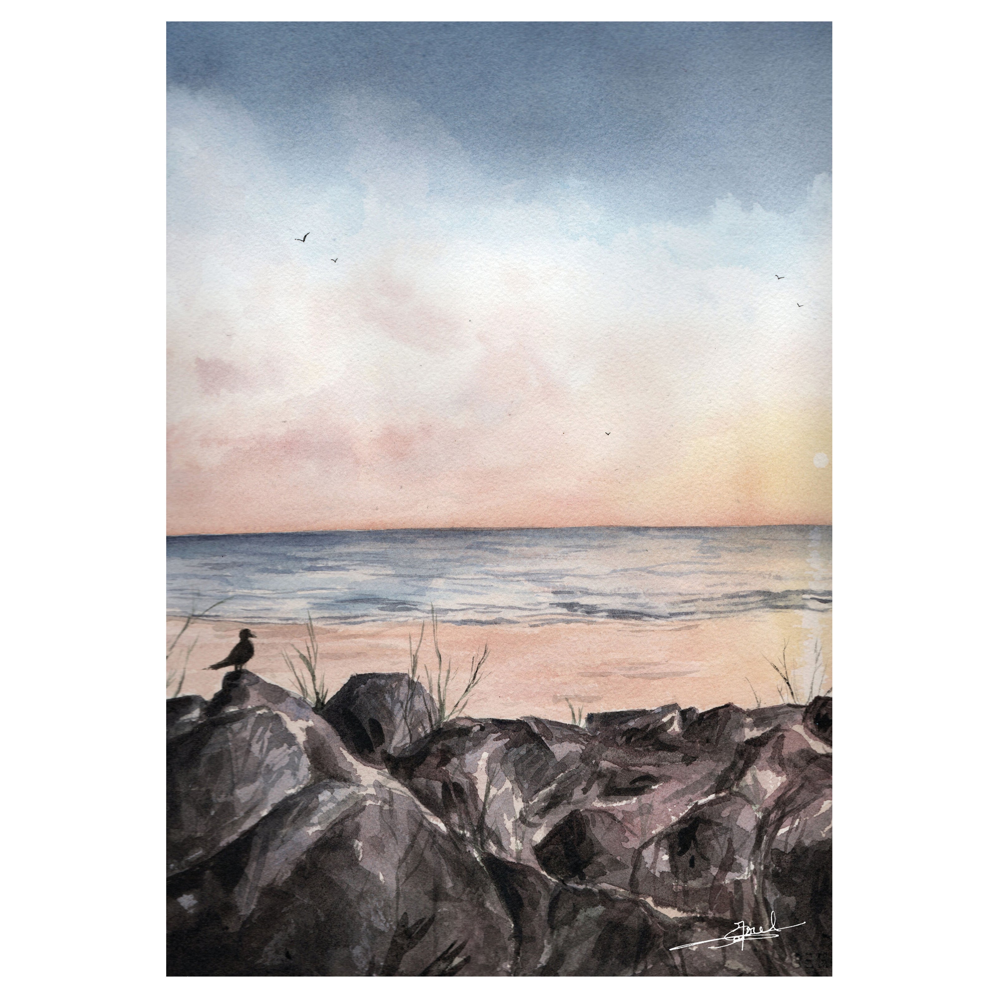 Aquarelle réalisée par Emma de Morel représentant la plage de Coutainville à l'heure du coucher de soleil.