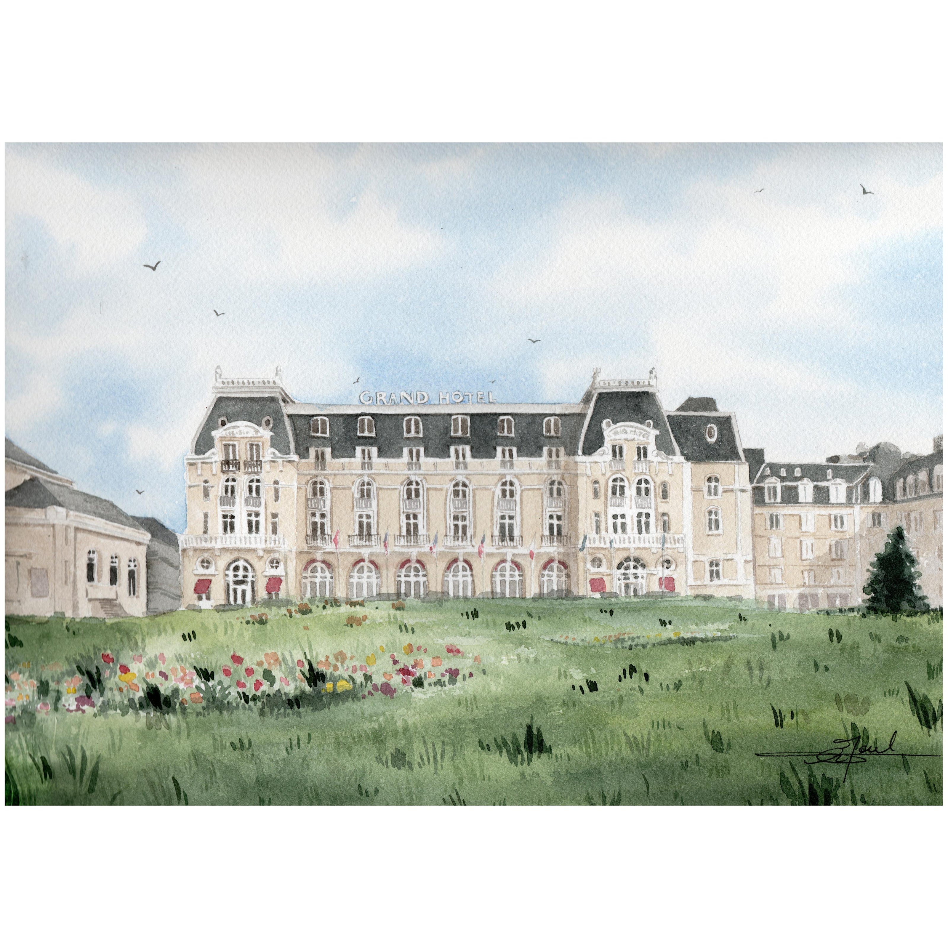 Aquarelle peinte par Emma de Morel représentant le Grand Hôtel de Cabourg.