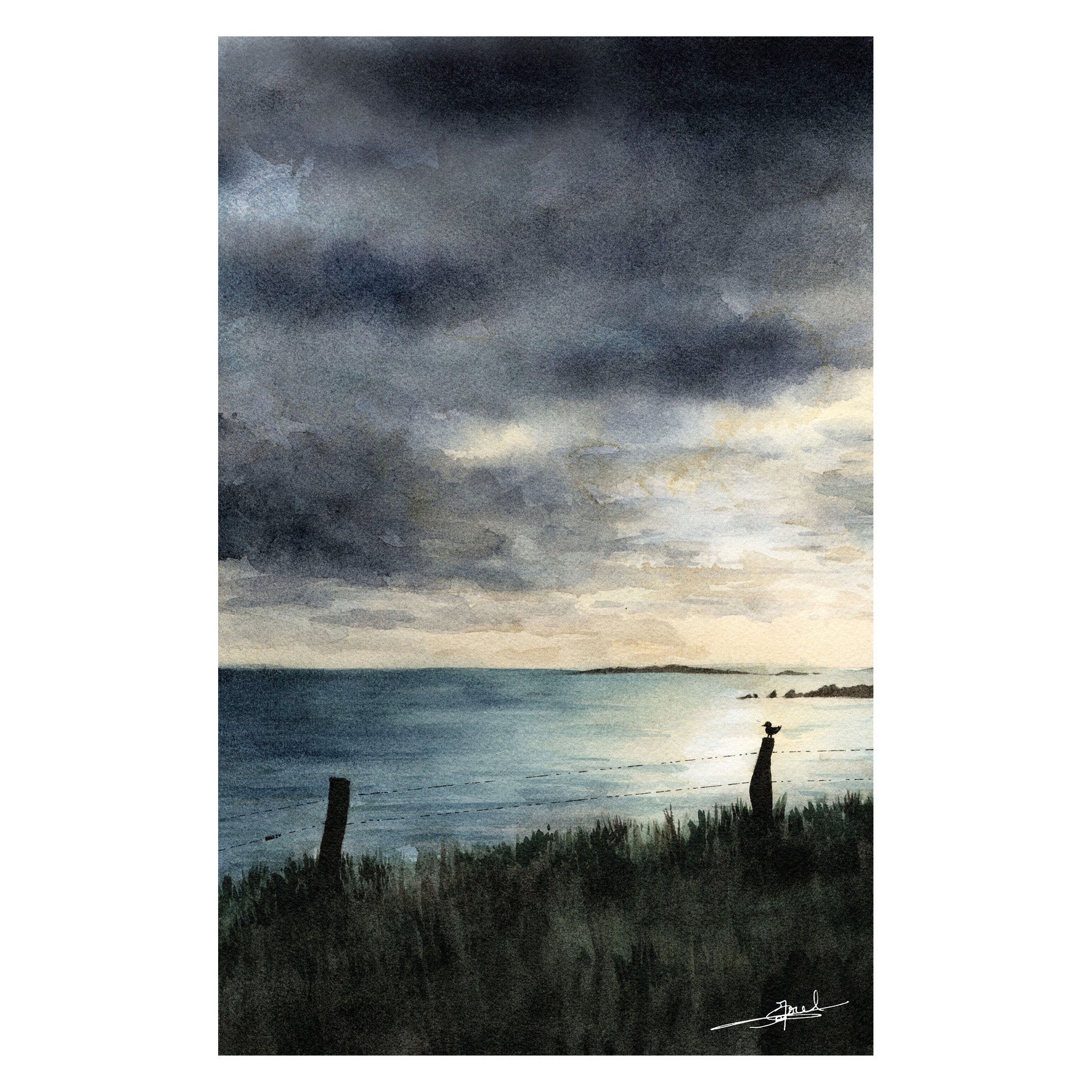 Aquarelle peinte par Emma de Morel représentant la plage de Grande Grève à Chausey.