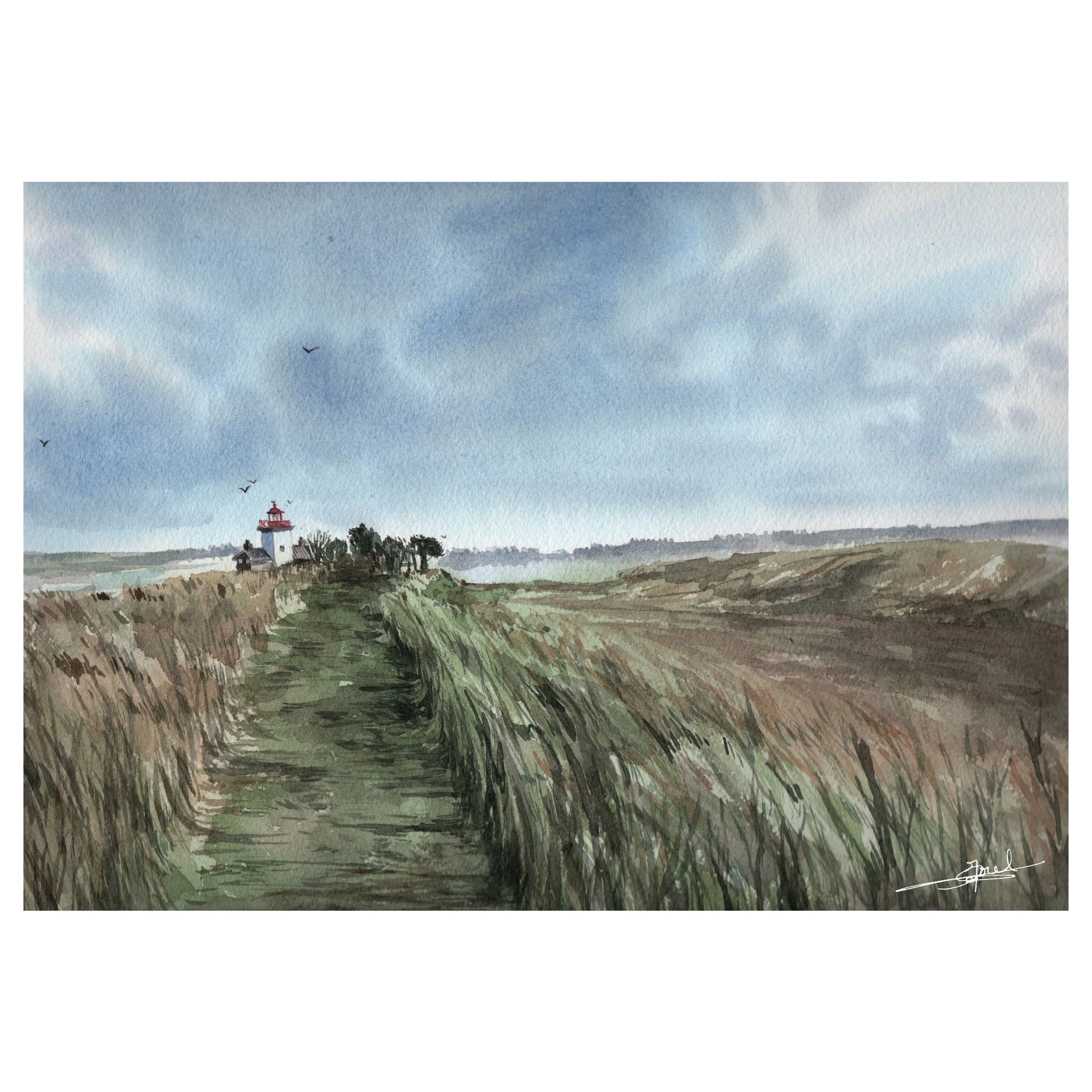 Aquarelle peinte par Emma de Morel représentant le phare de la Pointe d'Agon.
