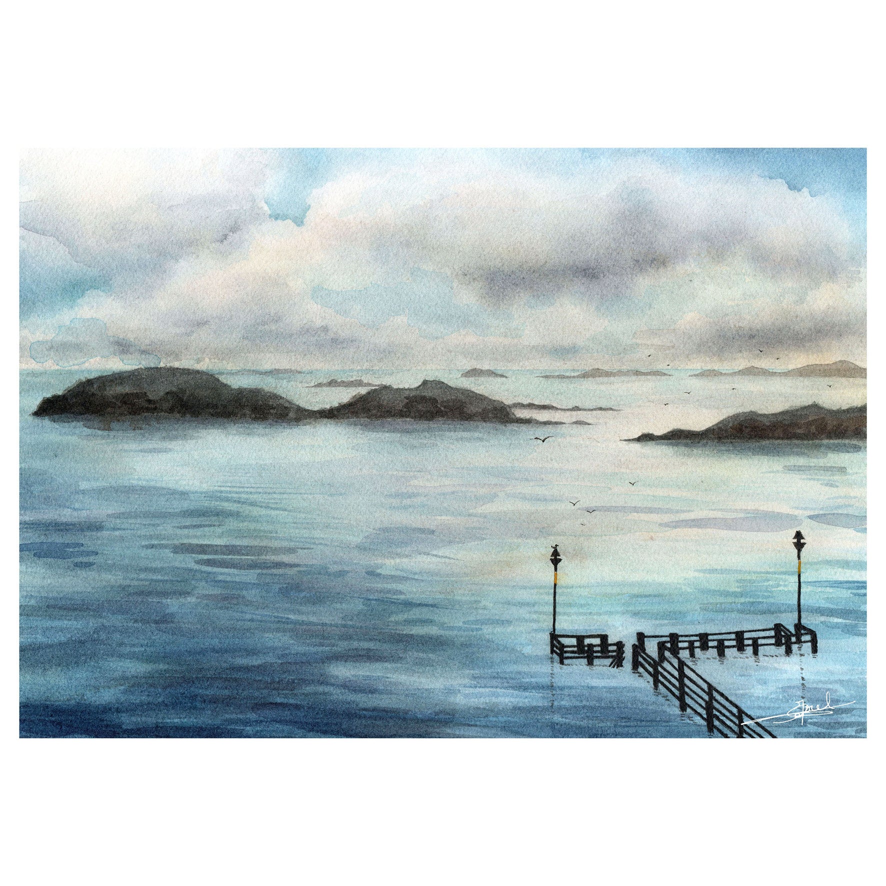 Aquarelle peinte par Emma de Morel représentant l'embarcadère des îles 
Chausey.