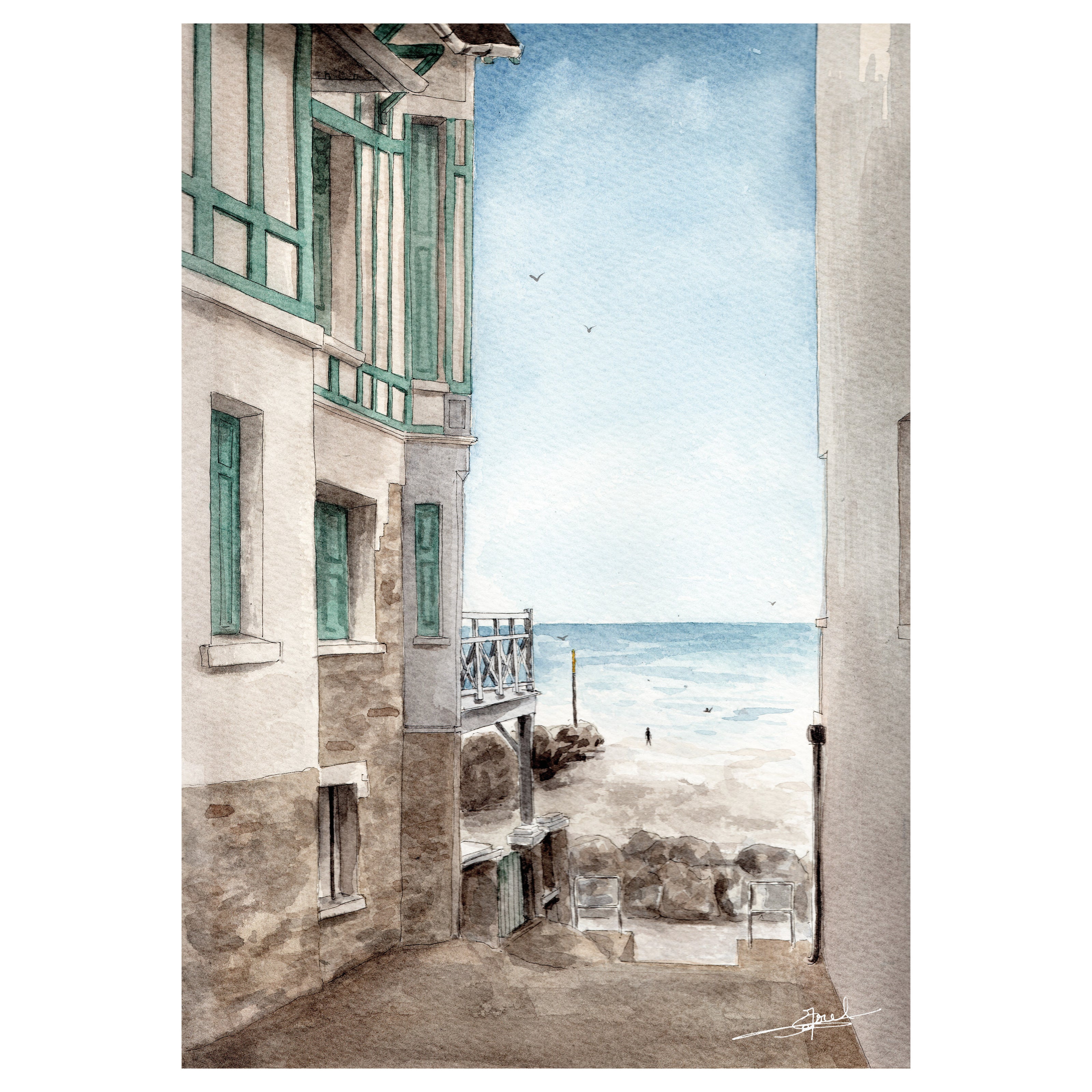 Aquarelle réalisée par Emma de Morel représentant une ruelle de Coutainville menant vers la digue.