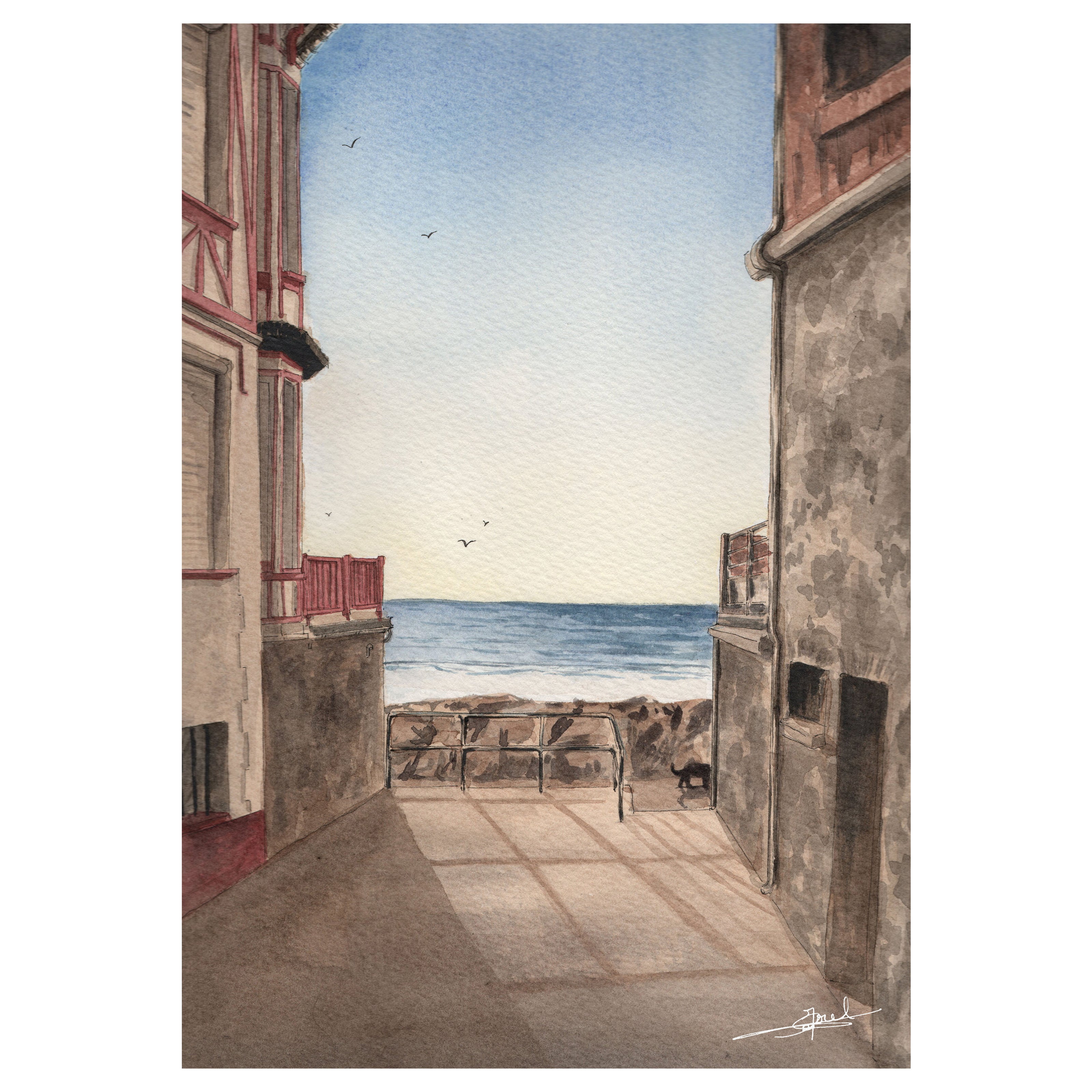 Aquarelle peinte par Emma de Morel représentant une ruelle d'Agon-Coutainville menant vers la plage.