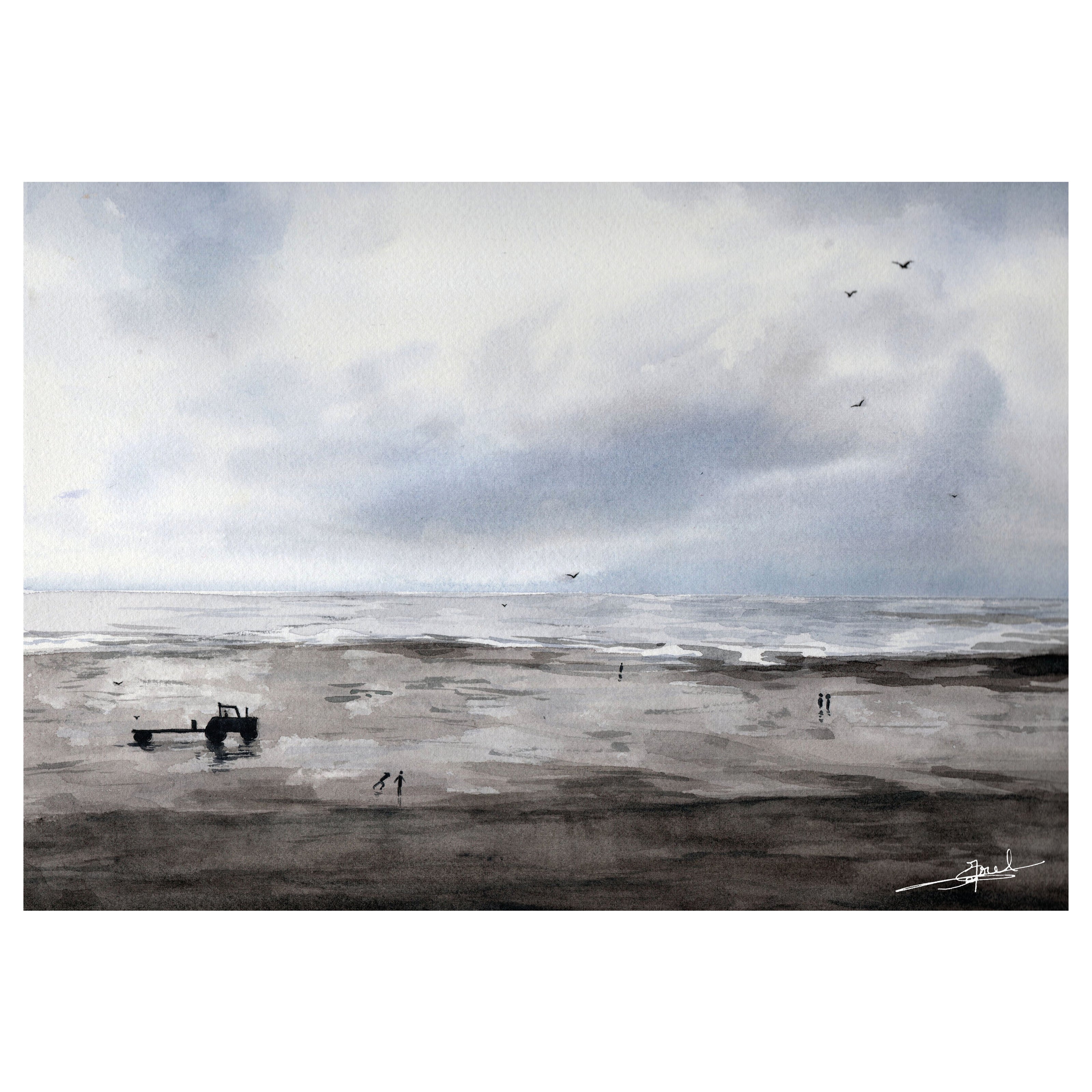 Aquarelle représentant un tracteur sur la plage d'Agon-Coutainville, peint par Emma de Morel.