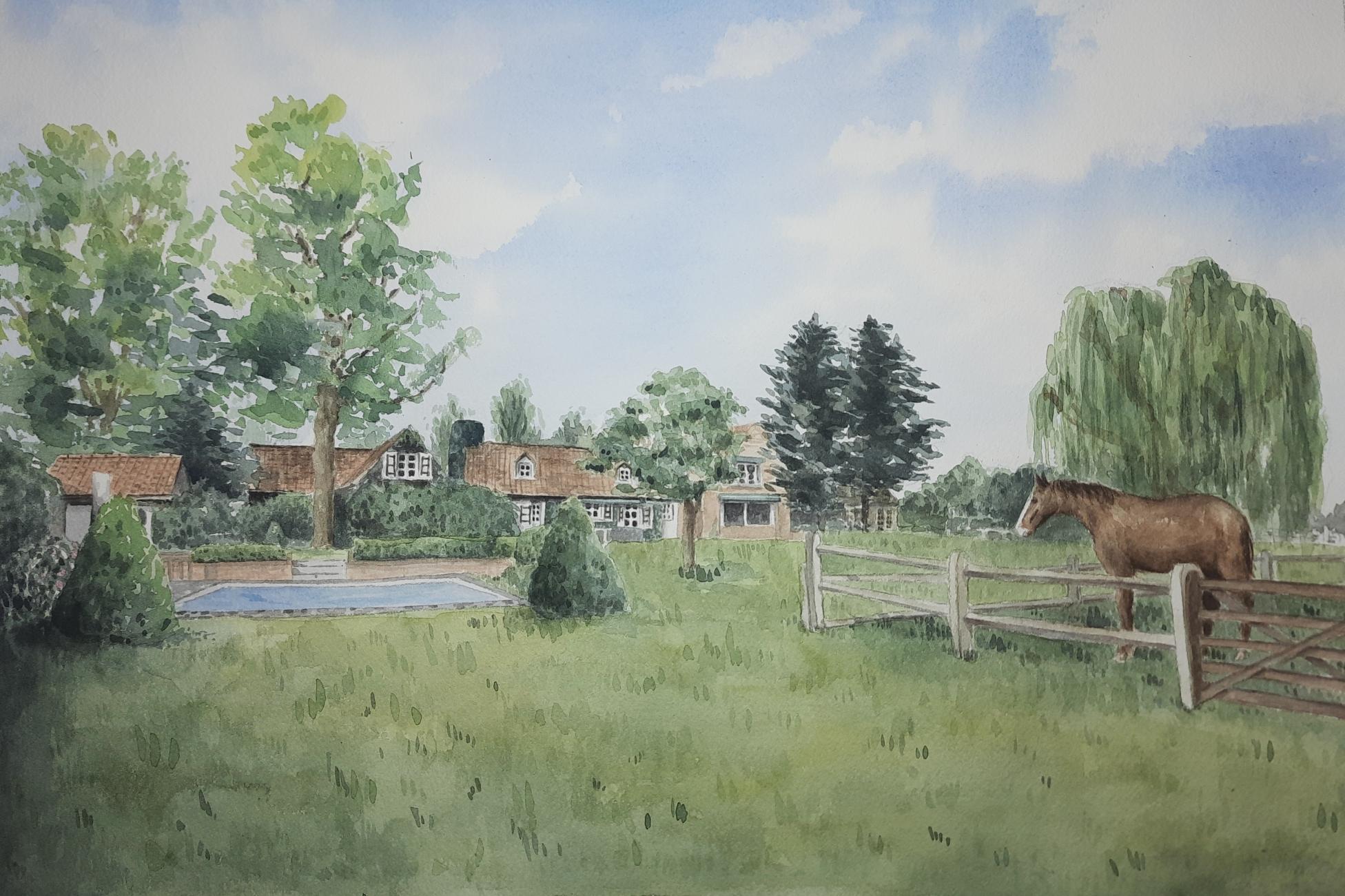 Aquarelle sur mesure peinte par Emma de Morel représentant une maison de famille et un jardin.