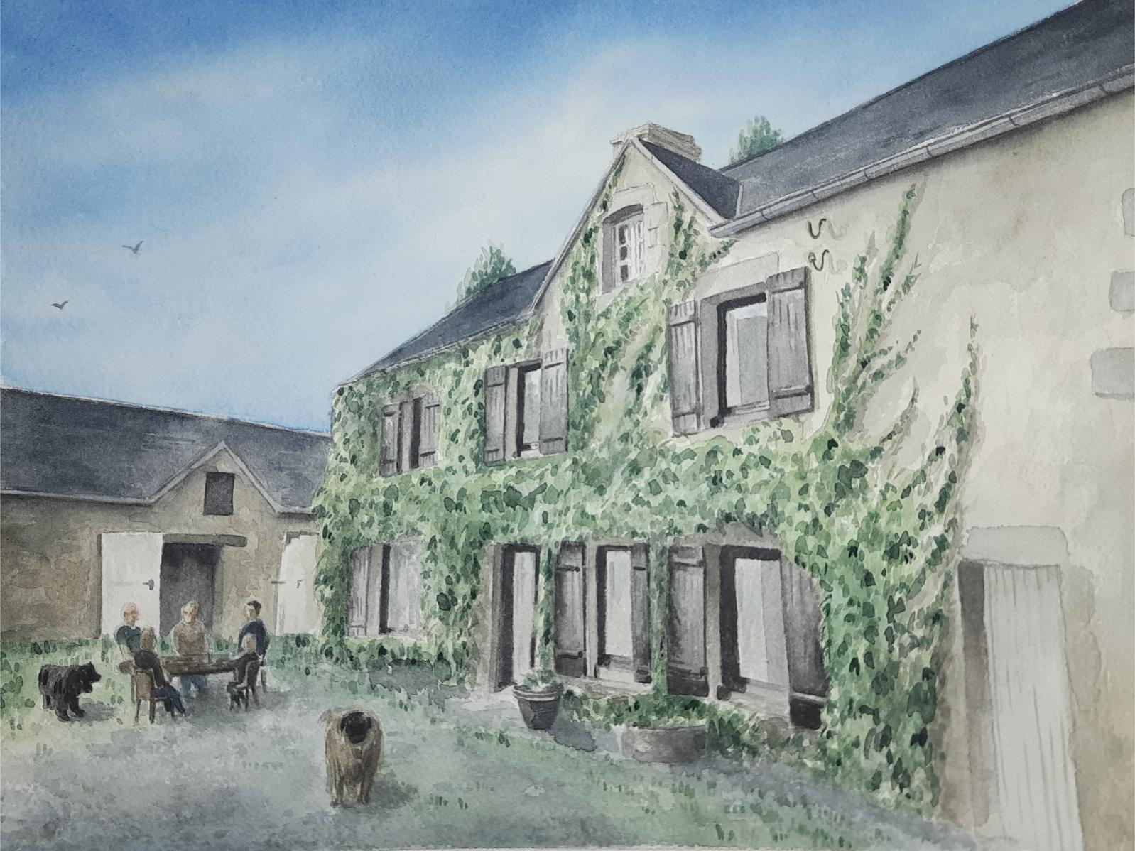 Aquarelle sur mesure peinte par Emma de Morel représentant une maison de famille avec la famille attablée dans le jardin.
